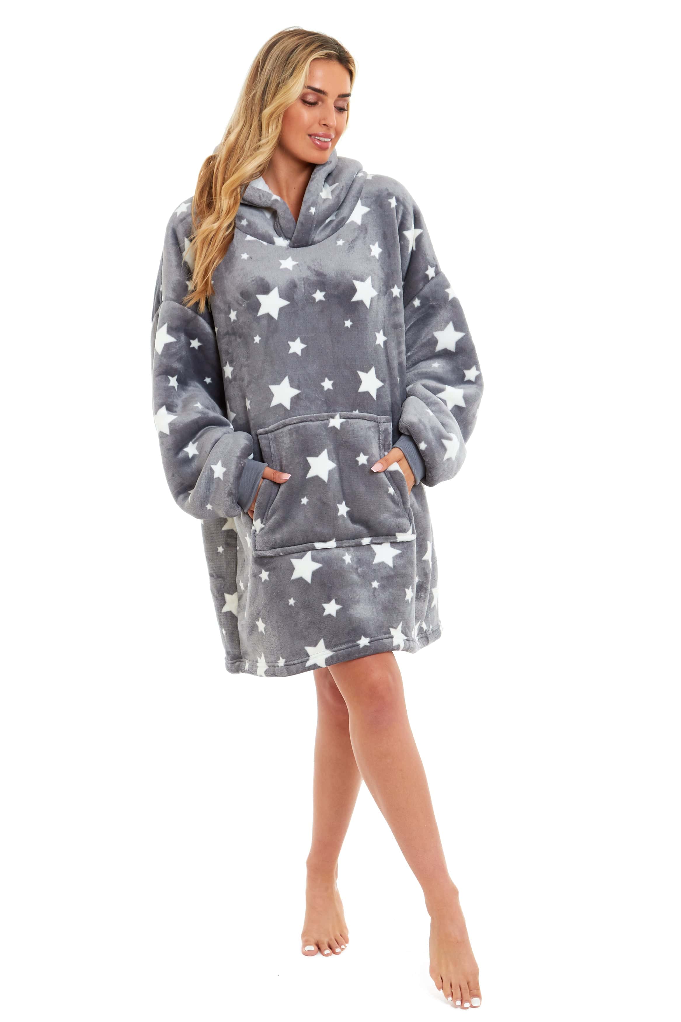 OLIVIA ROCCO Oversized Hooded Blanket – Grey Stars Sherpa Fleece Hoodie