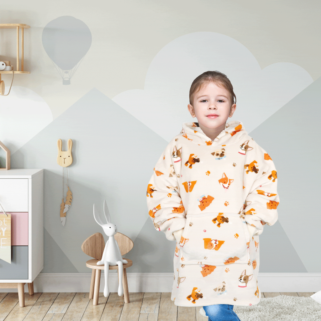 OLIVIA ROCCO Kids Oversized Blanket Hoodie – Sherpa Fleece Dog Pattern