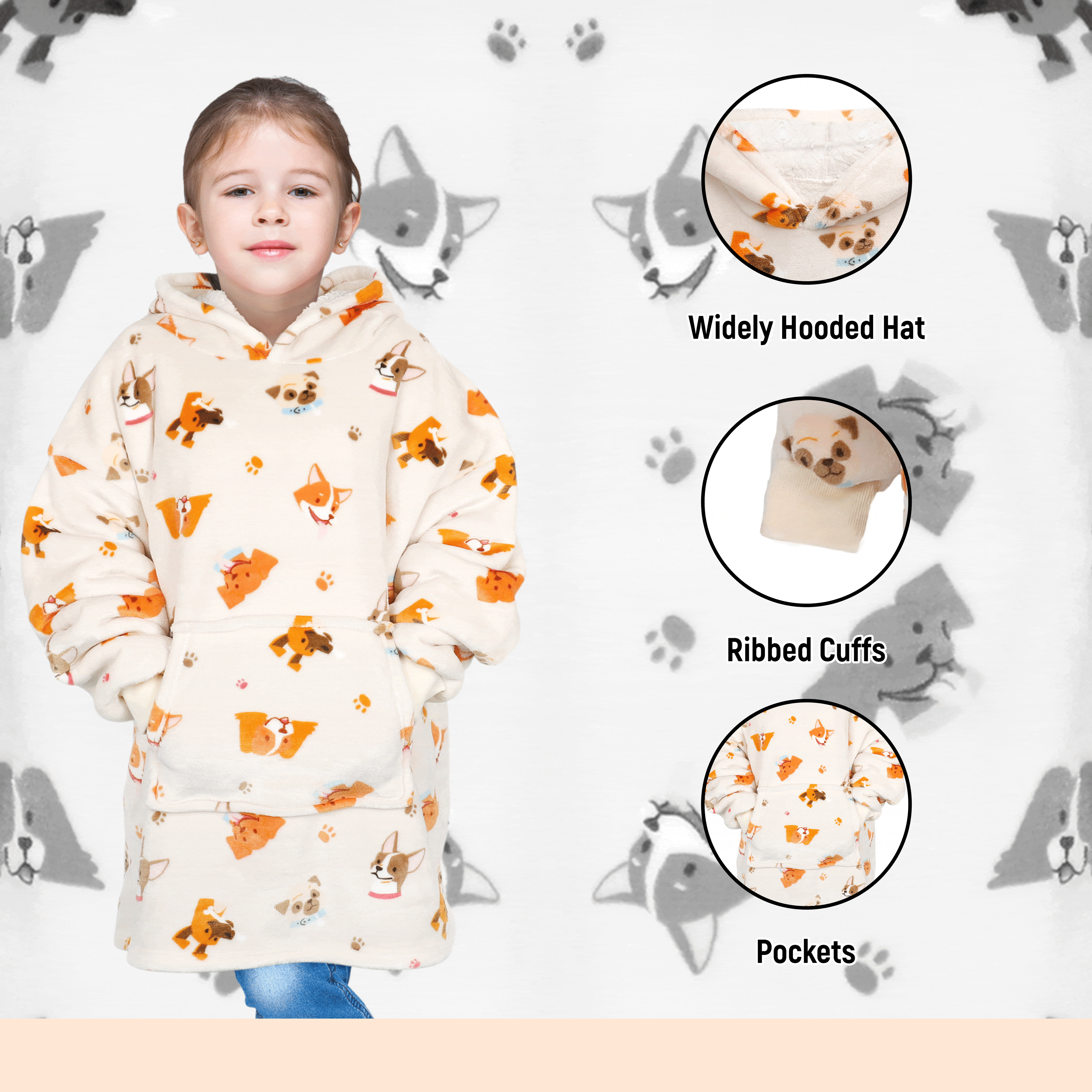 OLIVIA ROCCO Kids Oversized Blanket Hoodie – Sherpa Fleece Dog Pattern