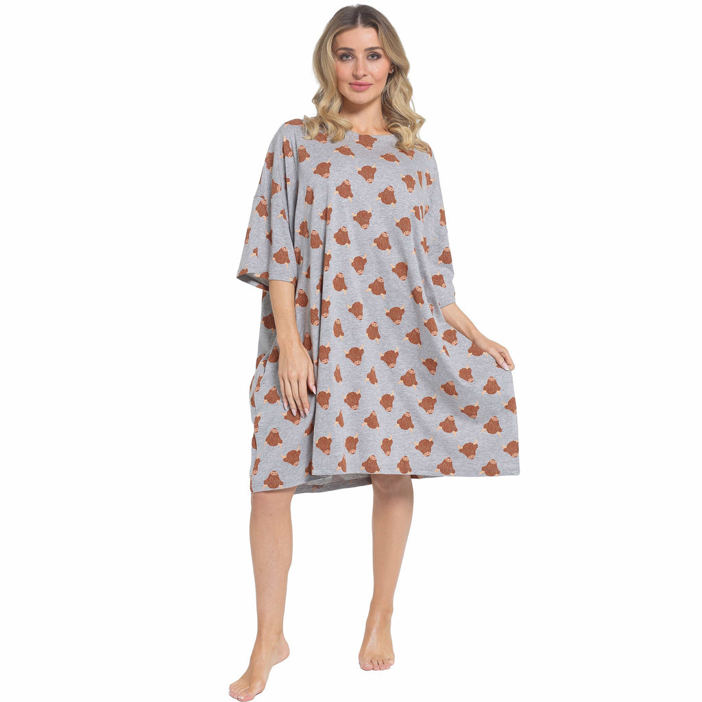 OLIVIA ROCCO Highland Cow Cotton Oversized Nightdress – Cream Nightshirt