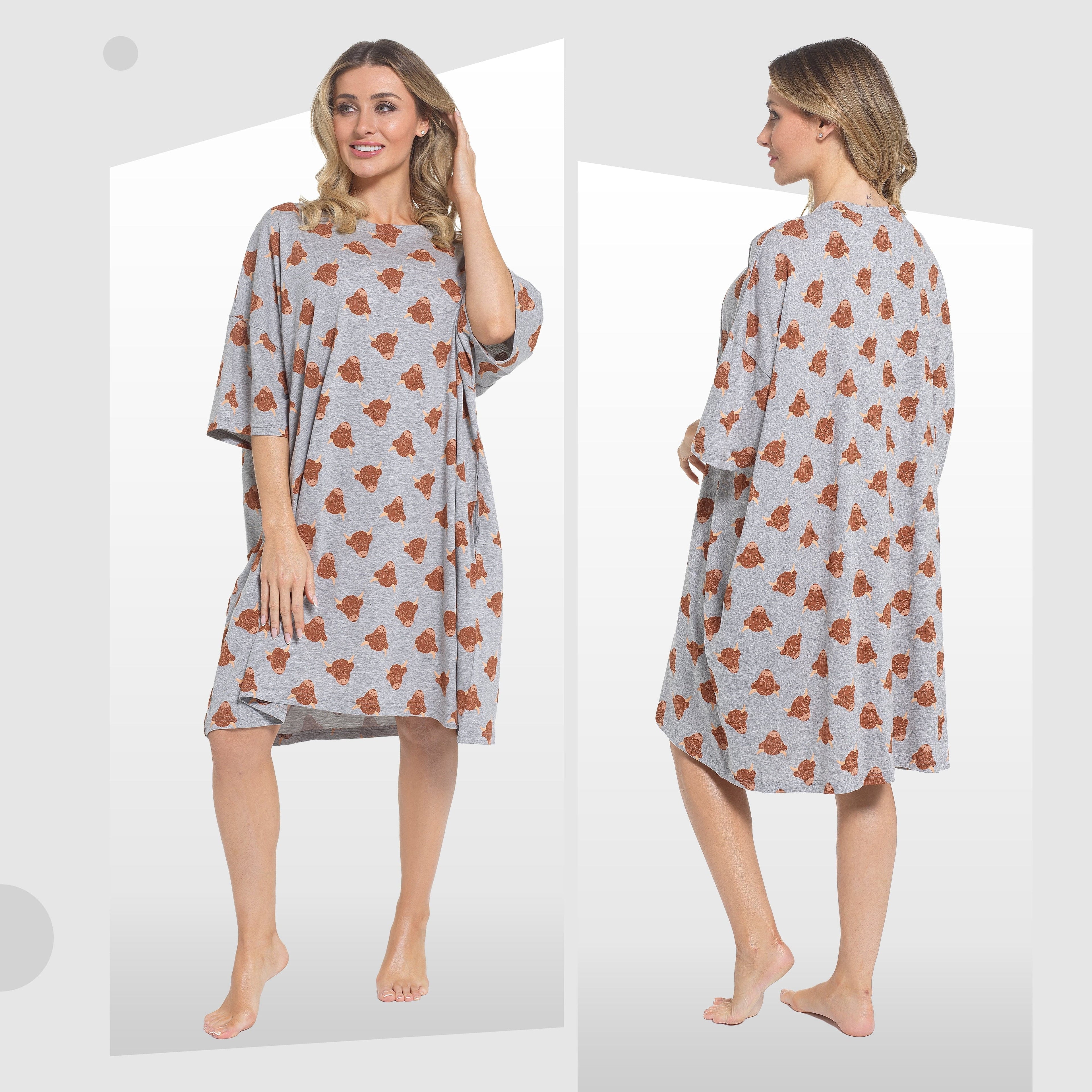 OLIVIA ROCCO Highland Cow Cotton Oversized Nightdress – Cream Nightshirt