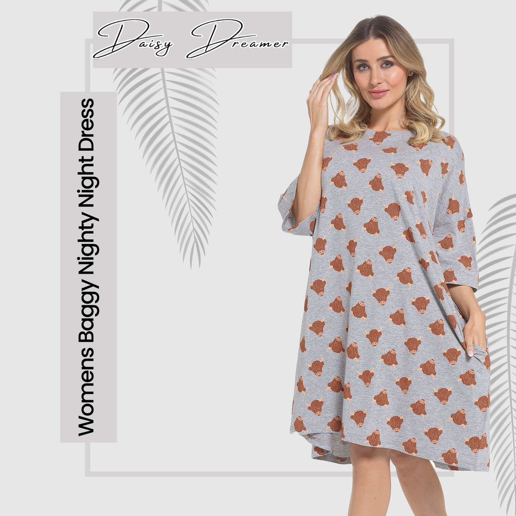 OLIVIA ROCCO Highland Cow Cotton Oversized Nightdress – Cream Nightshirt