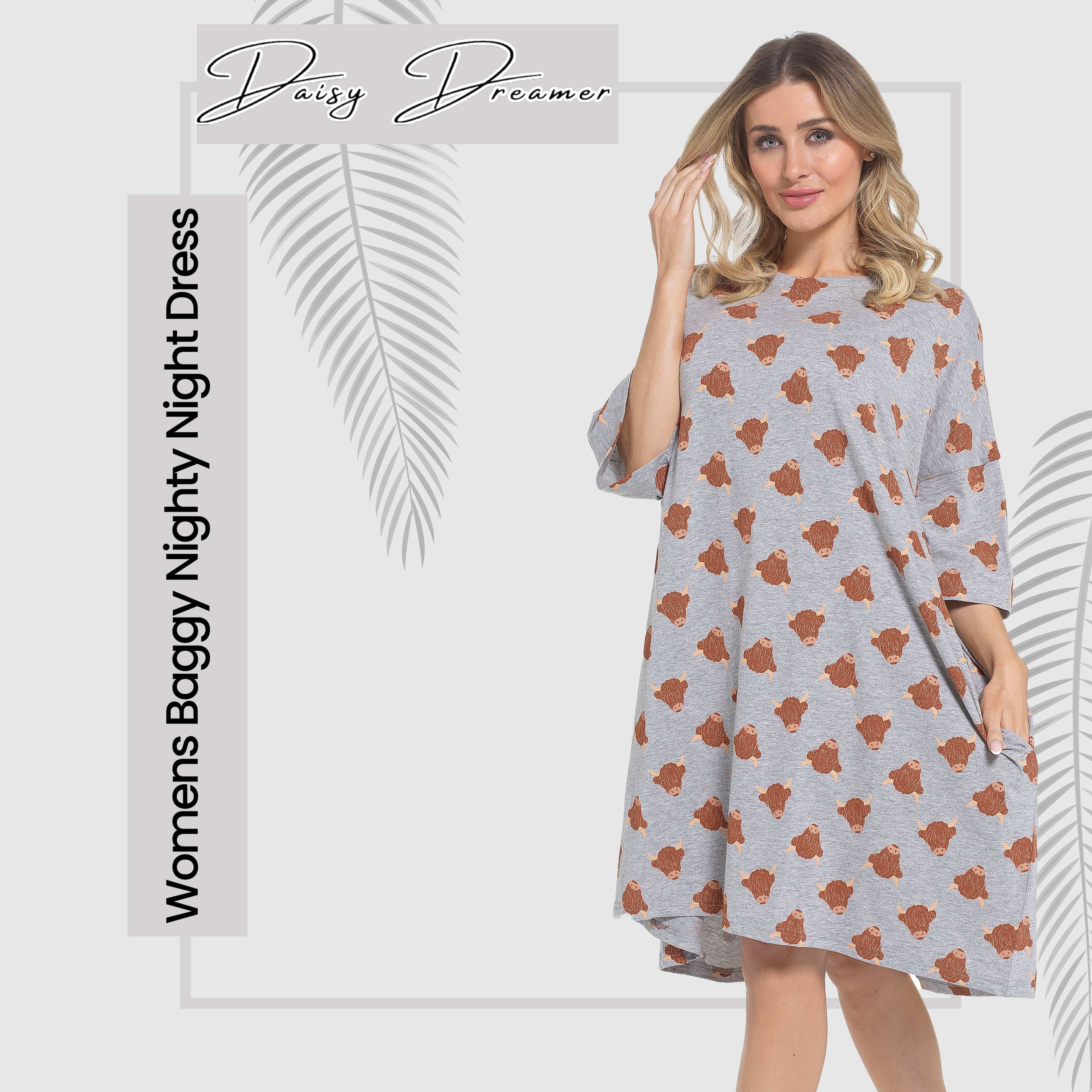 OLIVIA ROCCO Highland Cow Cotton Oversized Nightdress – Cream Nightshirt