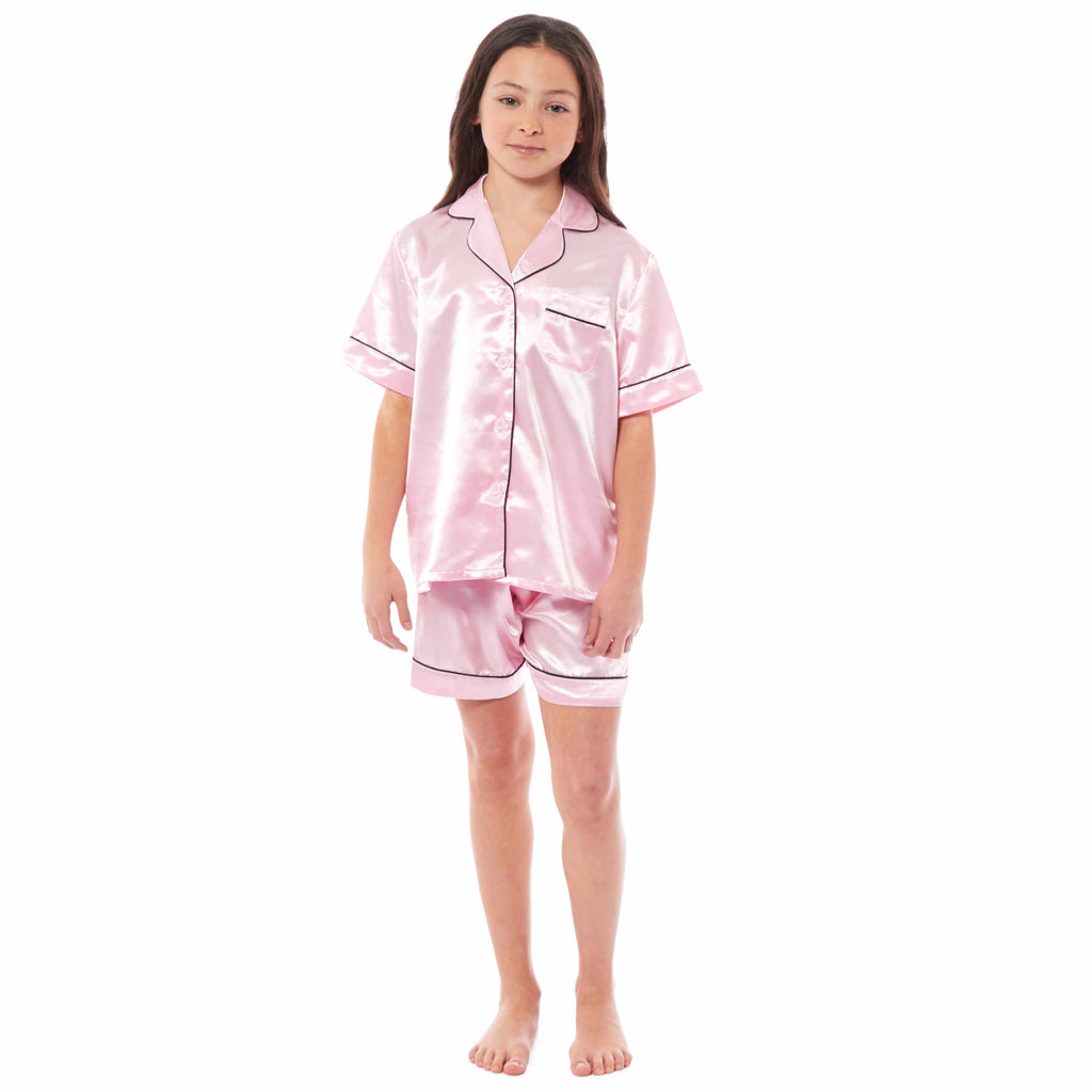 OLIVIA ROCCO Girls Satin Silk Pyjama Set – Short Sleeve Button Down