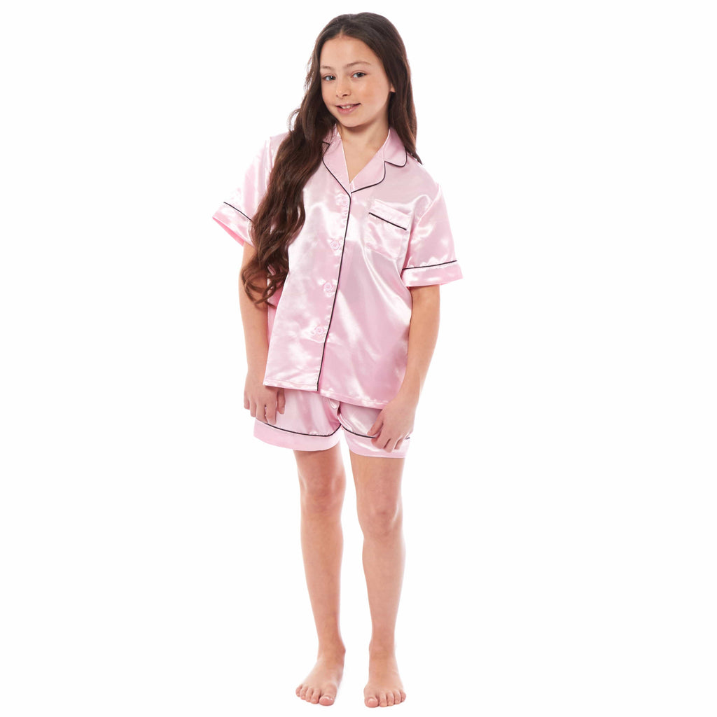 OLIVIA ROCCO Girls Satin Silk Pyjama Set – Short Sleeve Button Down