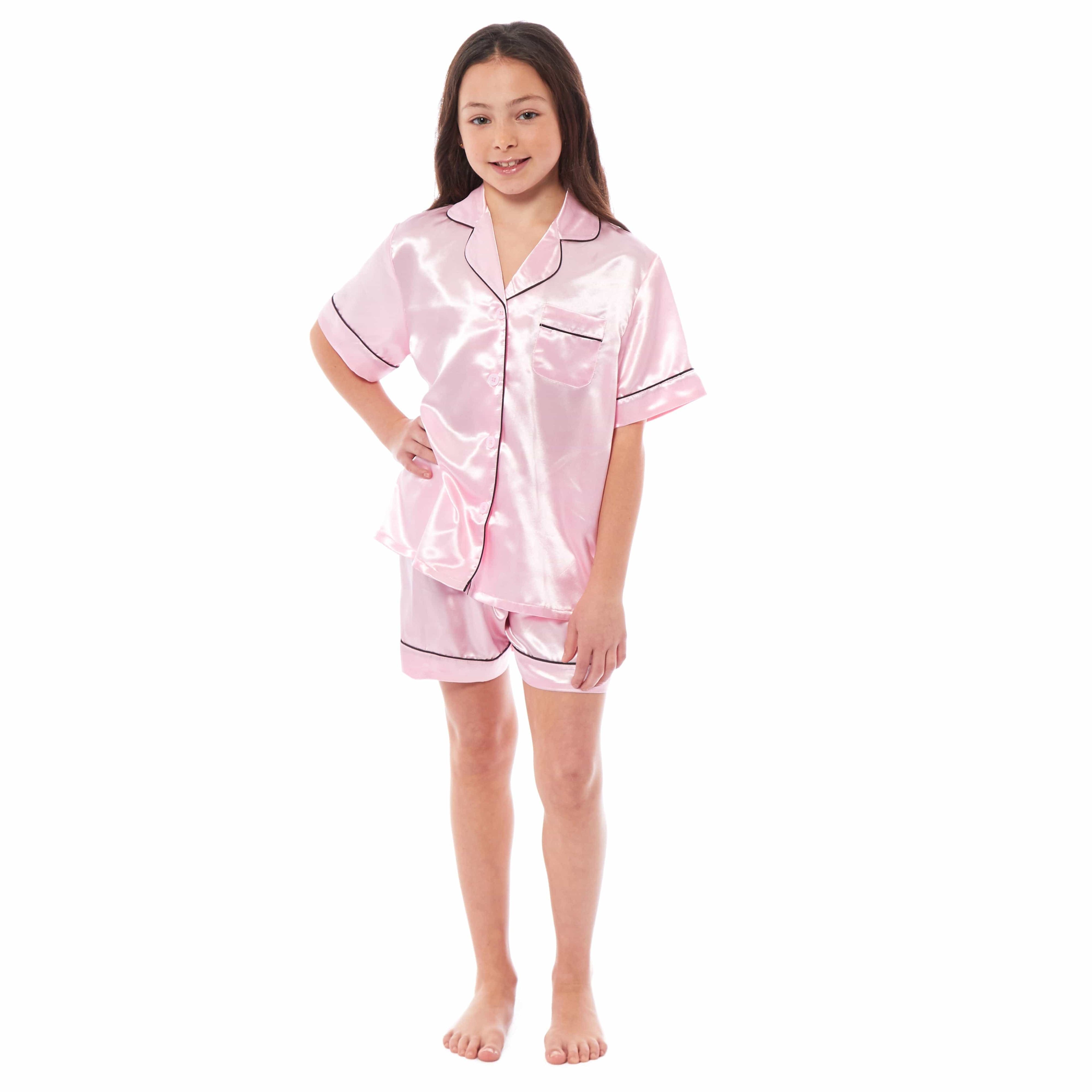 OLIVIA ROCCO Girls Satin Silk Pyjama Set – Short Sleeve Button Down