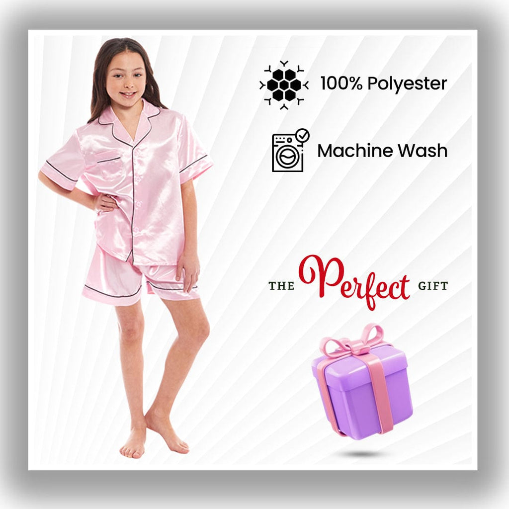OLIVIA ROCCO Girls Satin Silk Pyjama Set – Short Sleeve Button Down