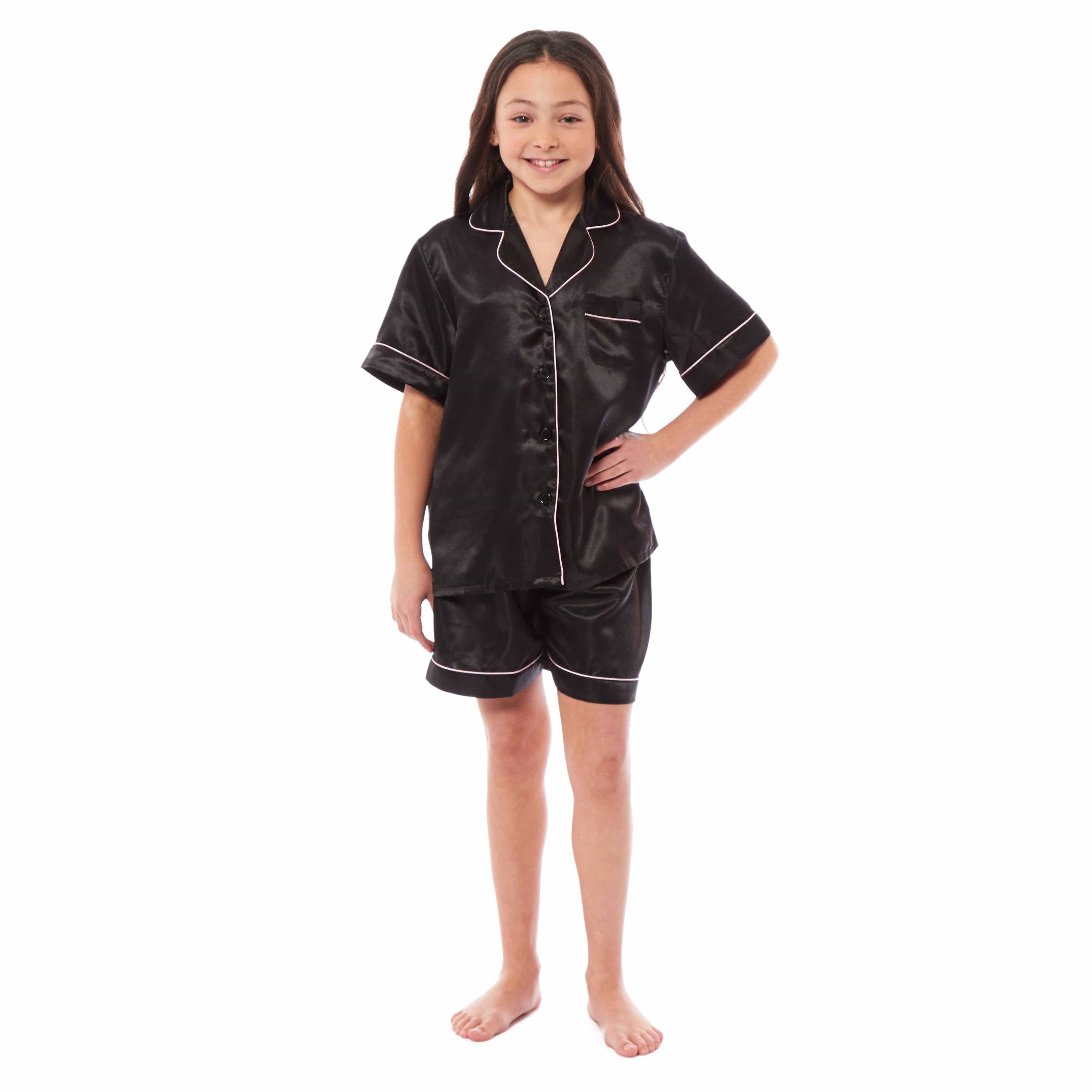 OLIVIA ROCCO Girls Satin Silk Pyjama Set – Short Sleeve Button Down