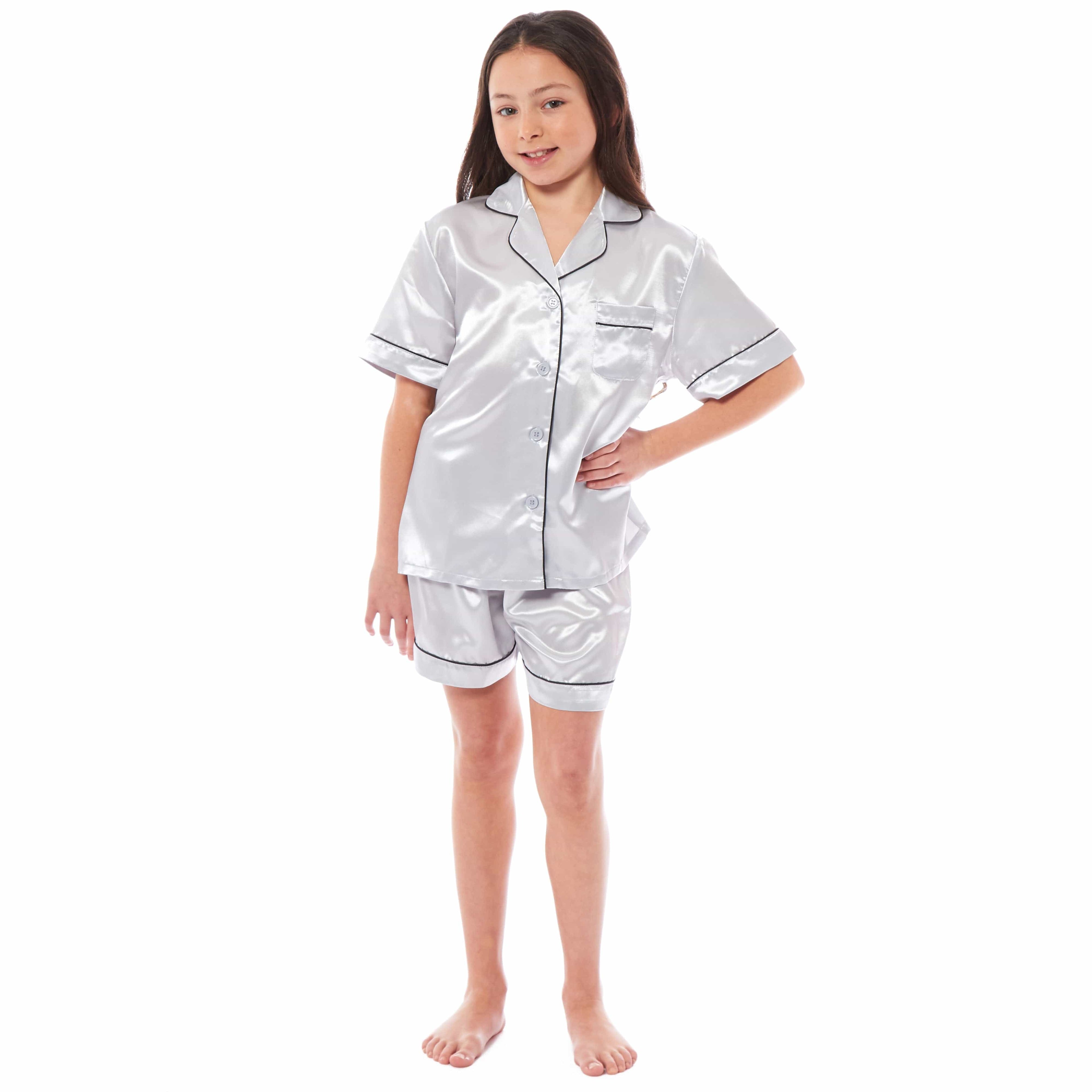 OLIVIA ROCCO Girls Satin Silk Pyjama Set – Short Sleeve Button Down