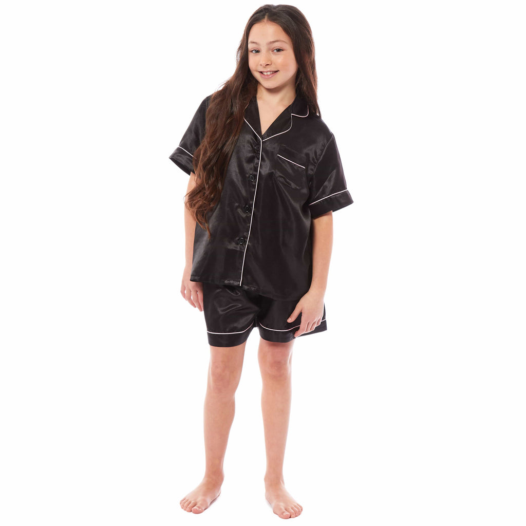 OLIVIA ROCCO Girls Satin Silk Pyjama Set – Short Sleeve Button Down