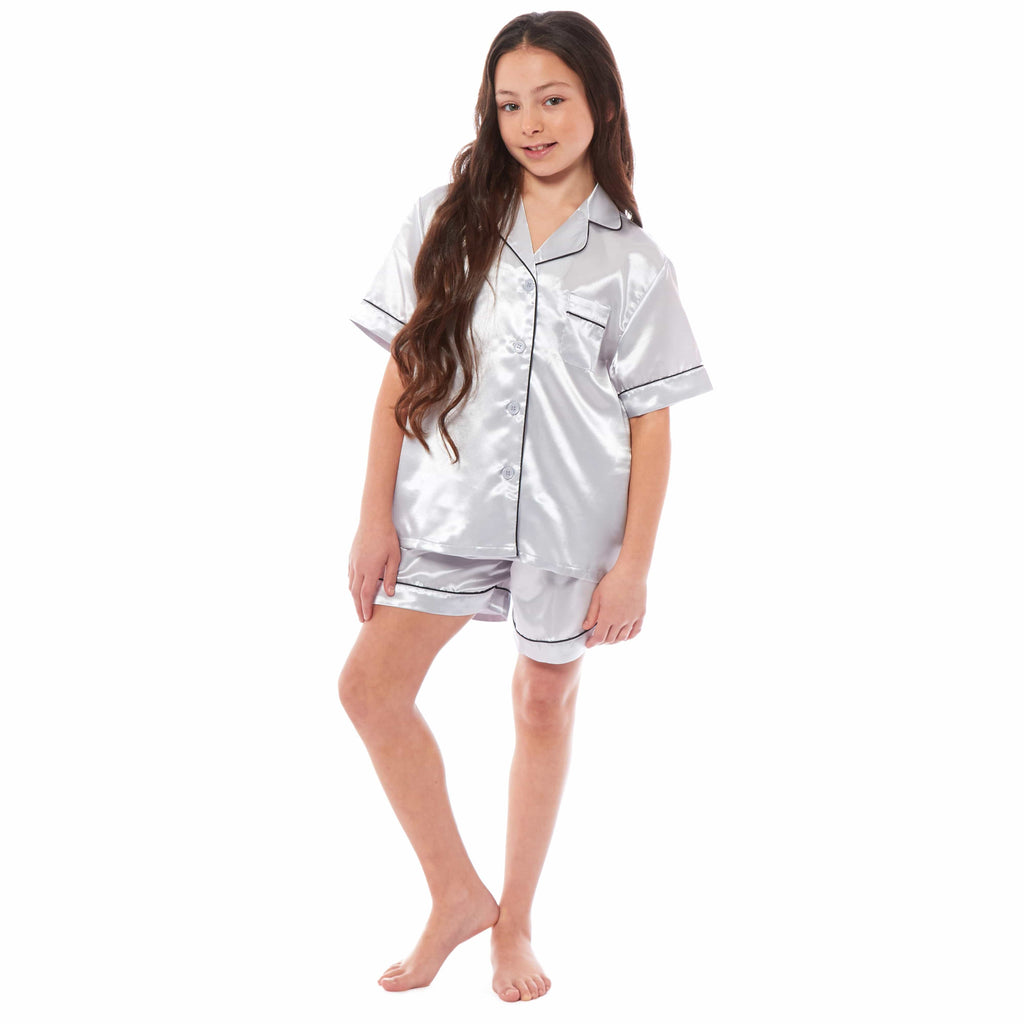 OLIVIA ROCCO Girls Satin Silk Pyjama Set – Short Sleeve Button Down