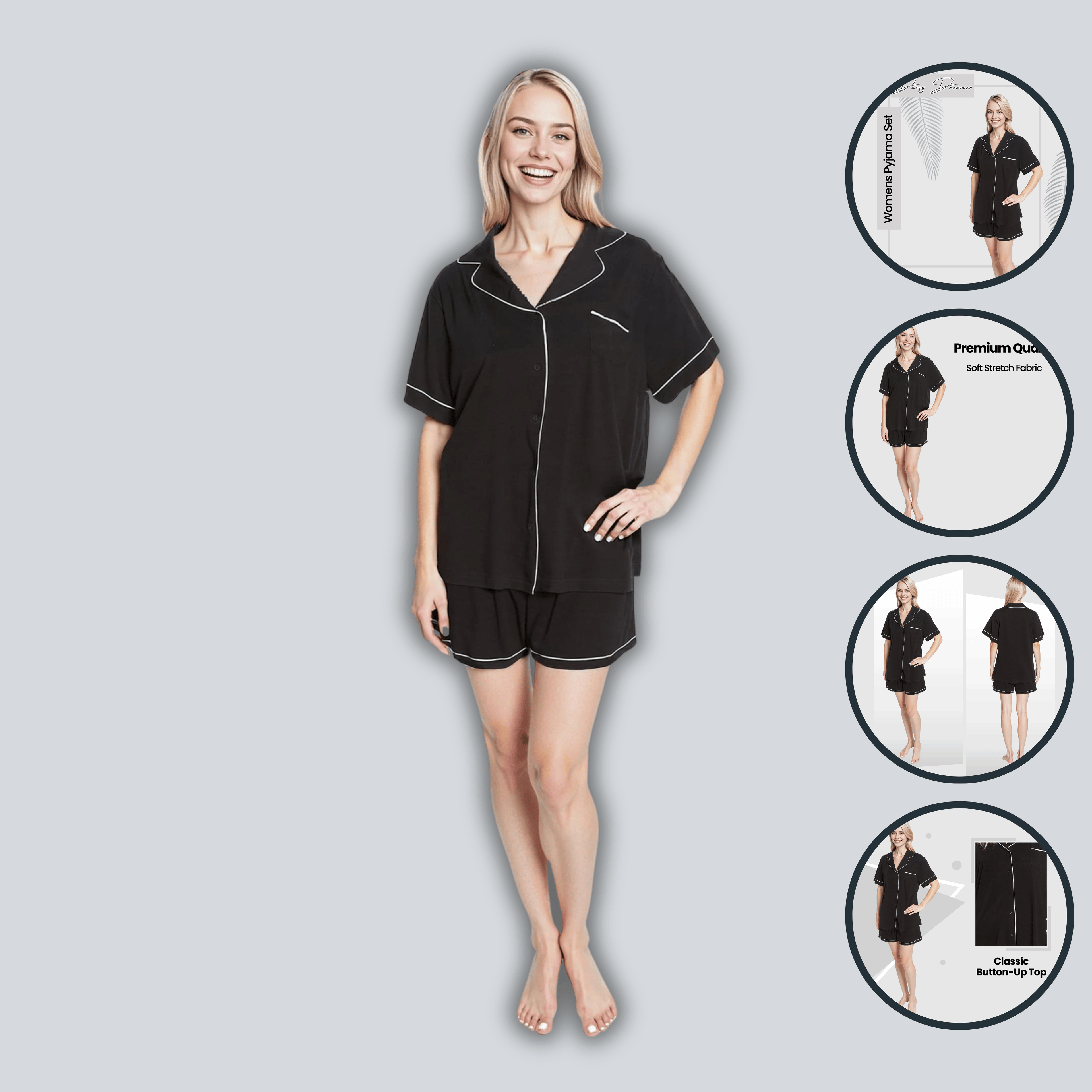 Daisy Dreamer Women's Short Pyjama Set – Super Soft Black Sleepwear