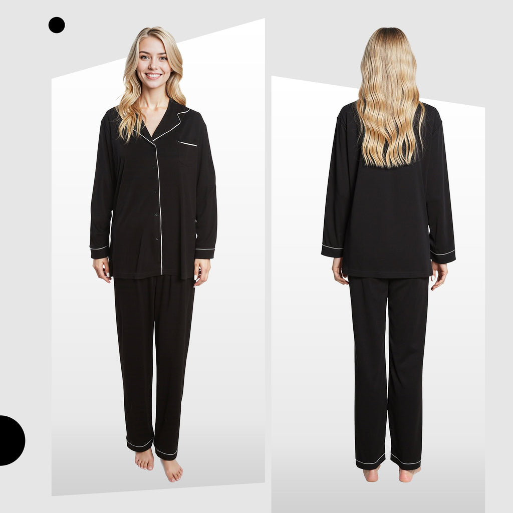 Daisy Dreamer Women's Black Pyjama Set – Soft Touch Button Up Nightwear