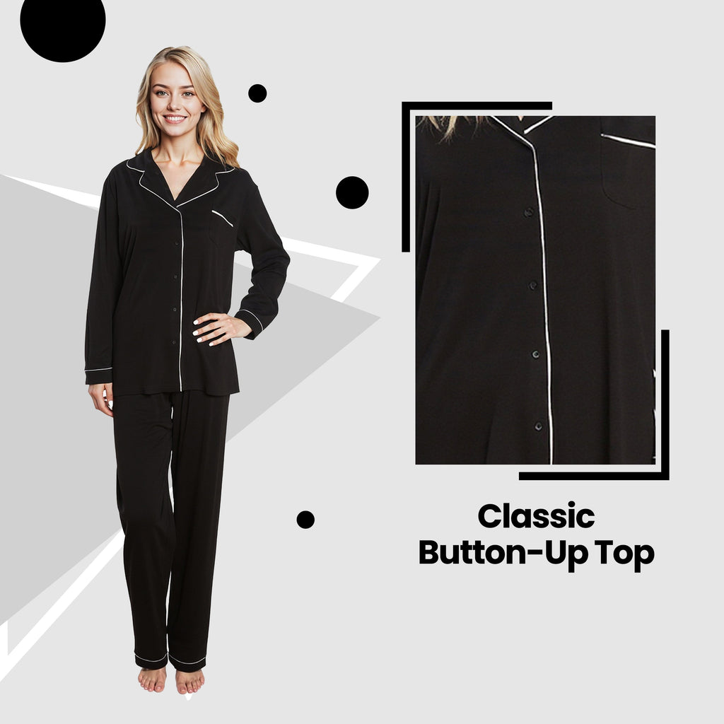 Daisy Dreamer Women's Black Pyjama Set – Soft Touch Button Up Nightwear