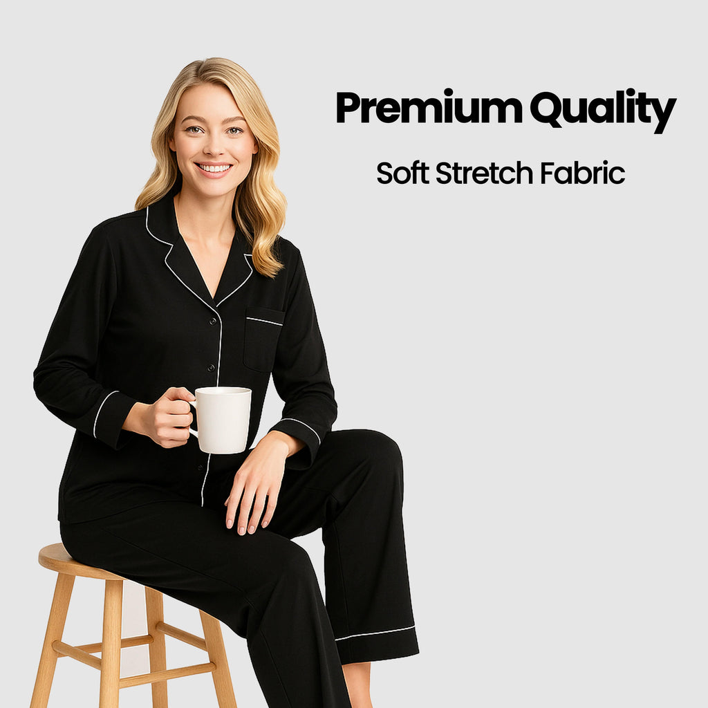 Daisy Dreamer Women's Black Pyjama Set – Soft Touch Button Up Nightwear