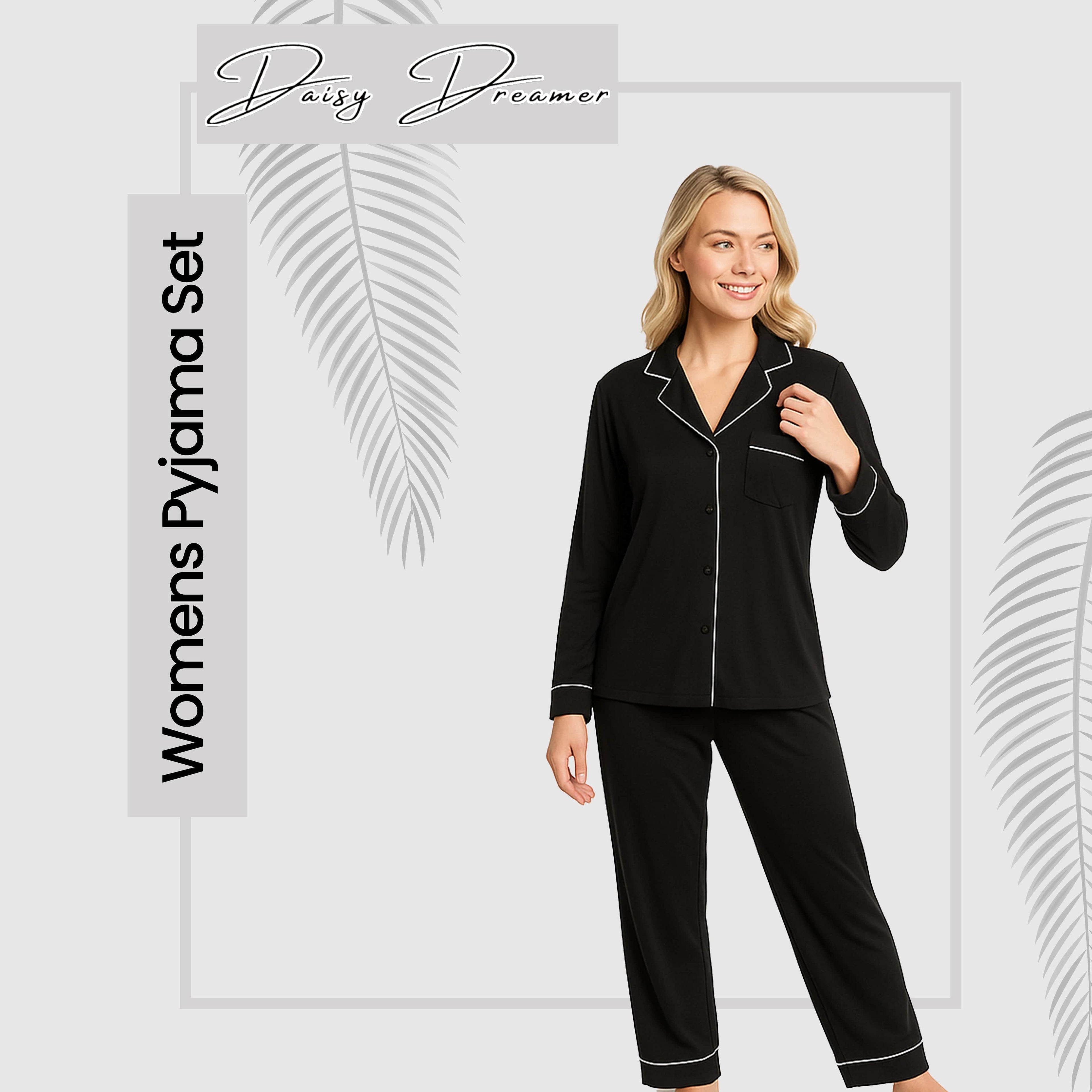 Daisy Dreamer Women's Black Pyjama Set – Soft Touch Button Up Nightwear