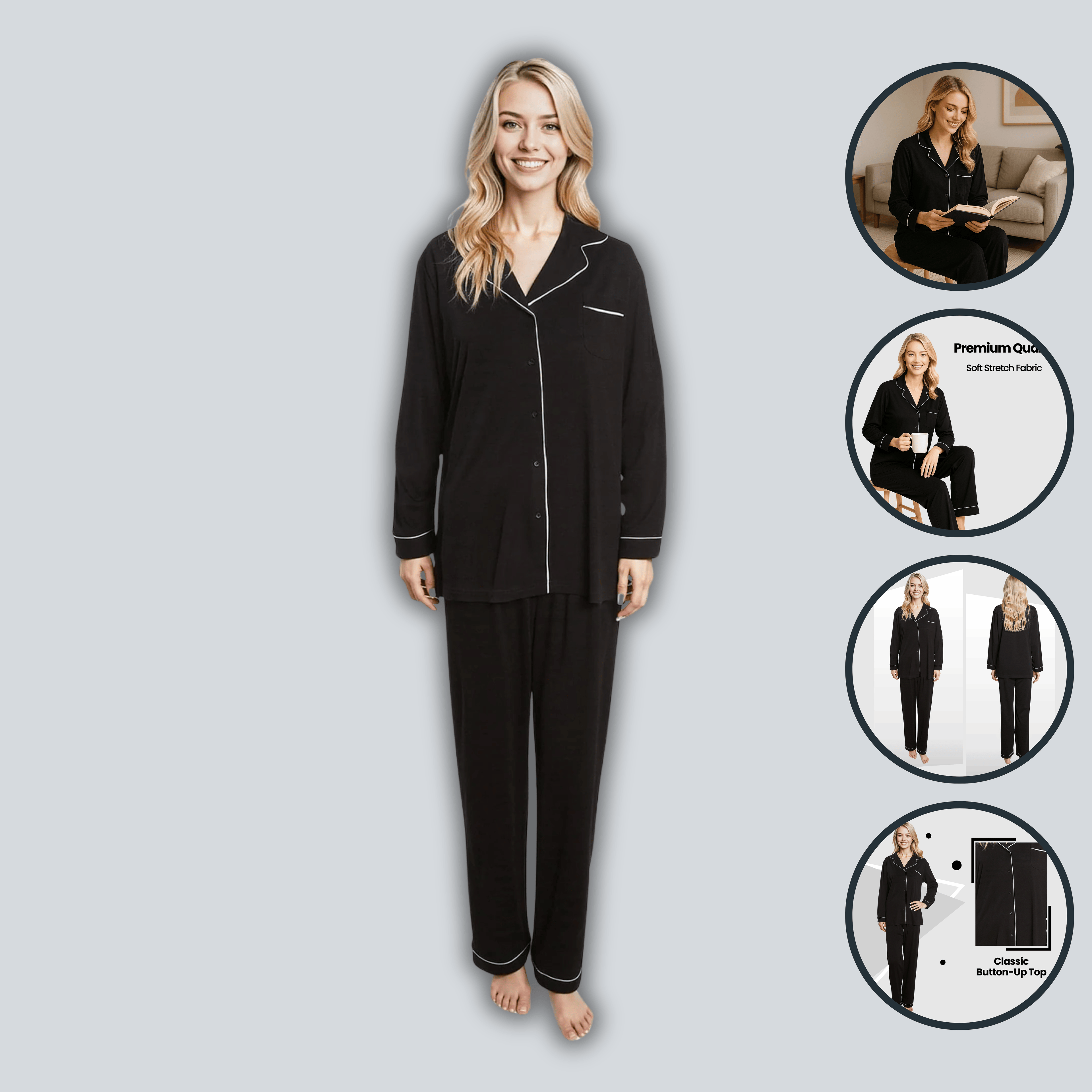 Daisy Dreamer Women's Black Pyjama Set – Soft Touch Button Up Nightwear