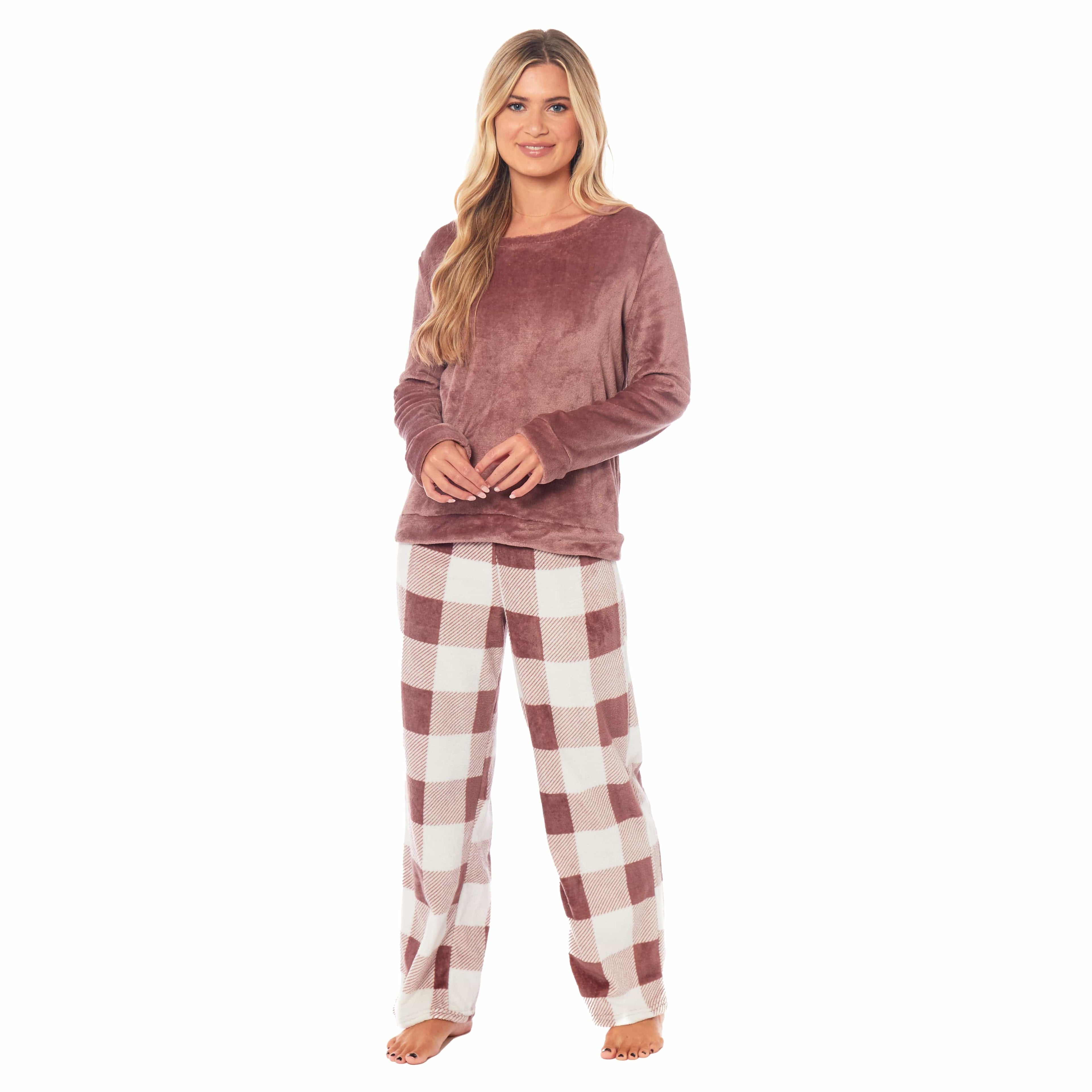 OLIVIA ROCCO Womens Buffalo Check Fleece Pajama Set | Soft Winter Loungewear