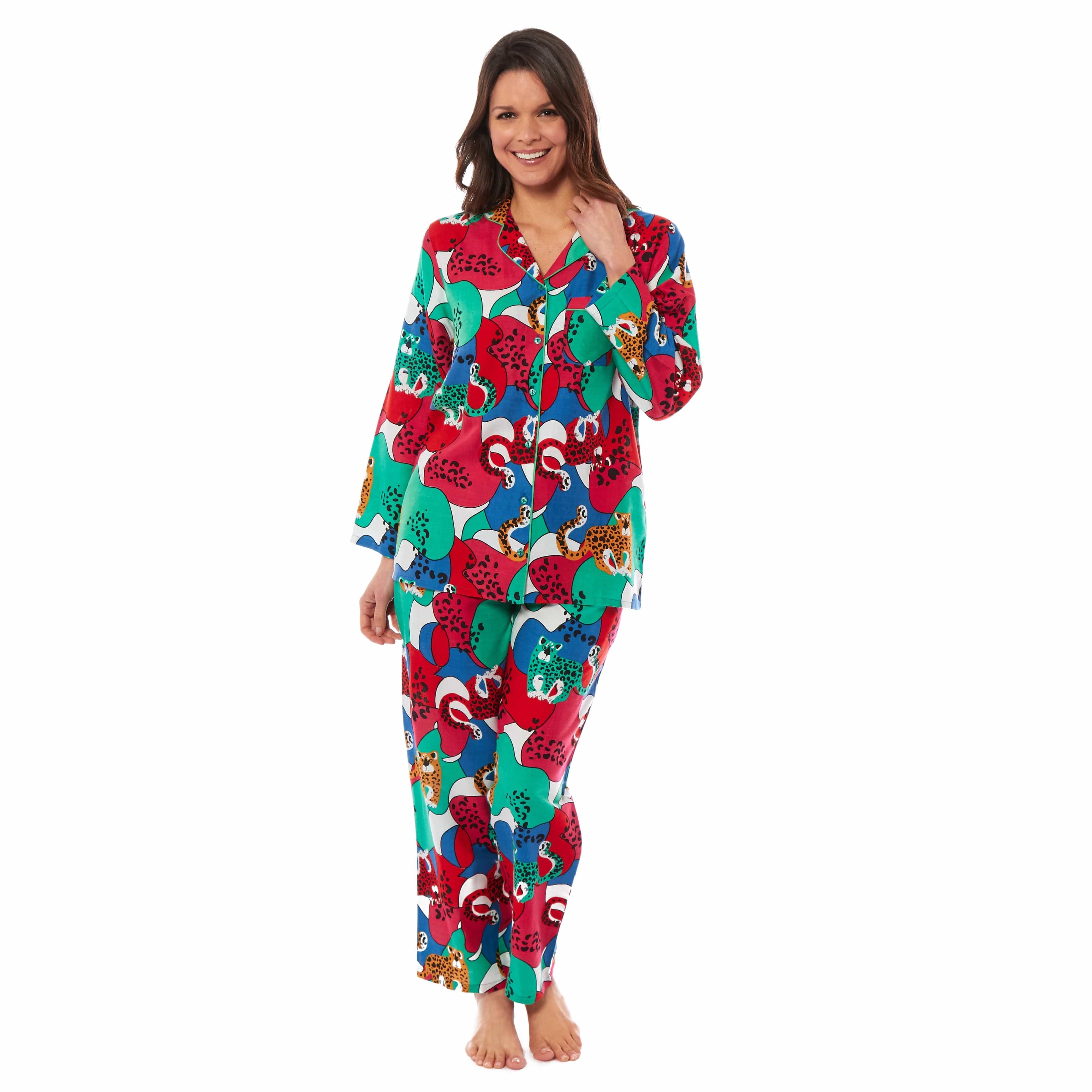 OLIVIA ROCCO Women's Leopard Print Viscose Button Up Pyjama Set