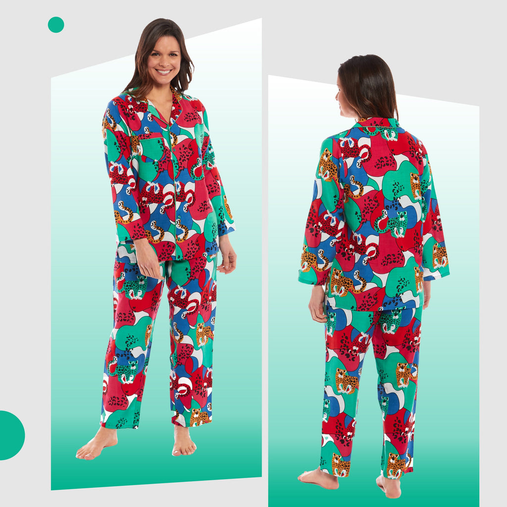 OLIVIA ROCCO Women's Leopard Print Viscose Button Up Pyjama Set