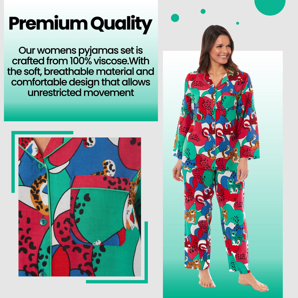 OLIVIA ROCCO Women's Leopard Print Viscose Button Up Pyjama Set