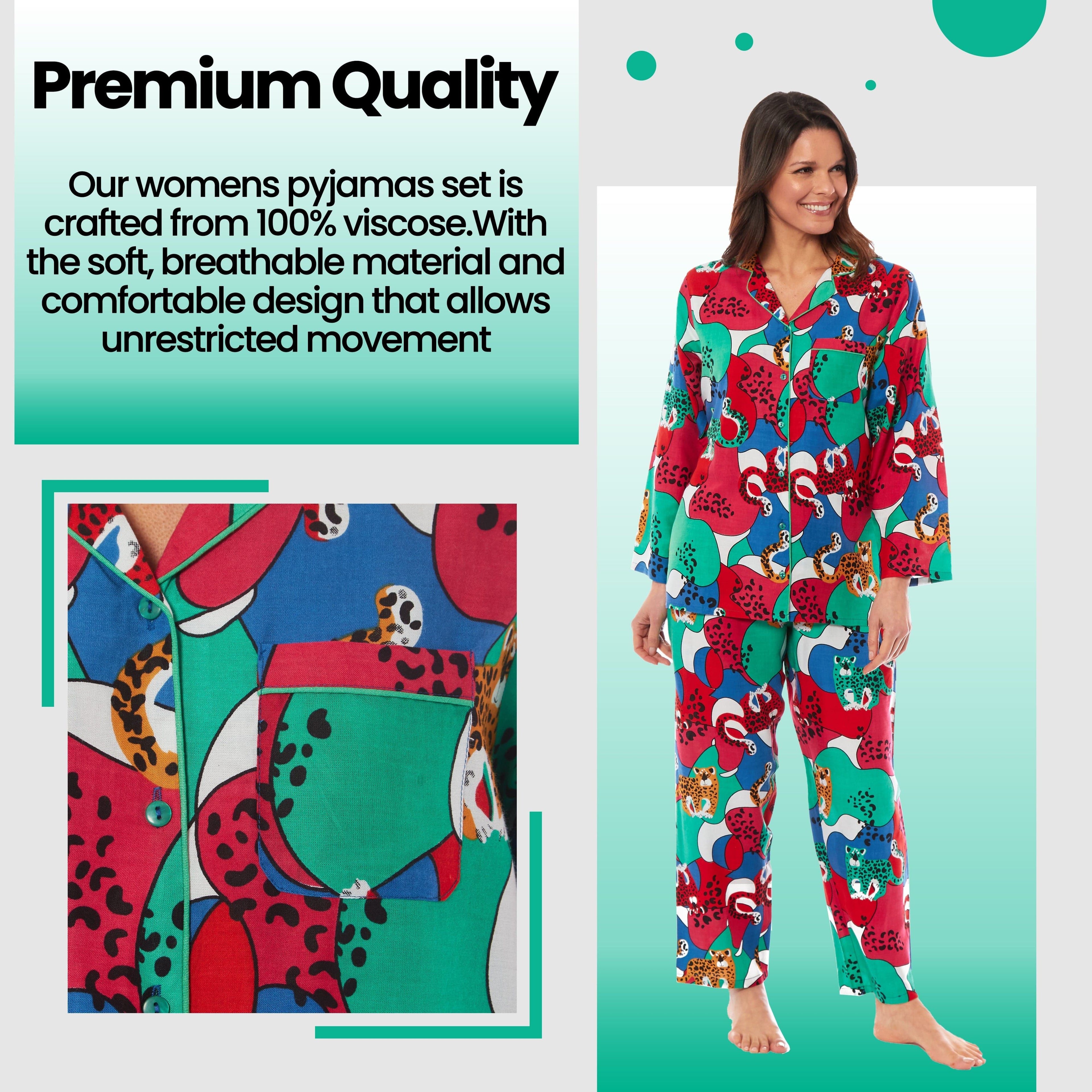 OLIVIA ROCCO Women's Leopard Print Viscose Button Up Pyjama Set