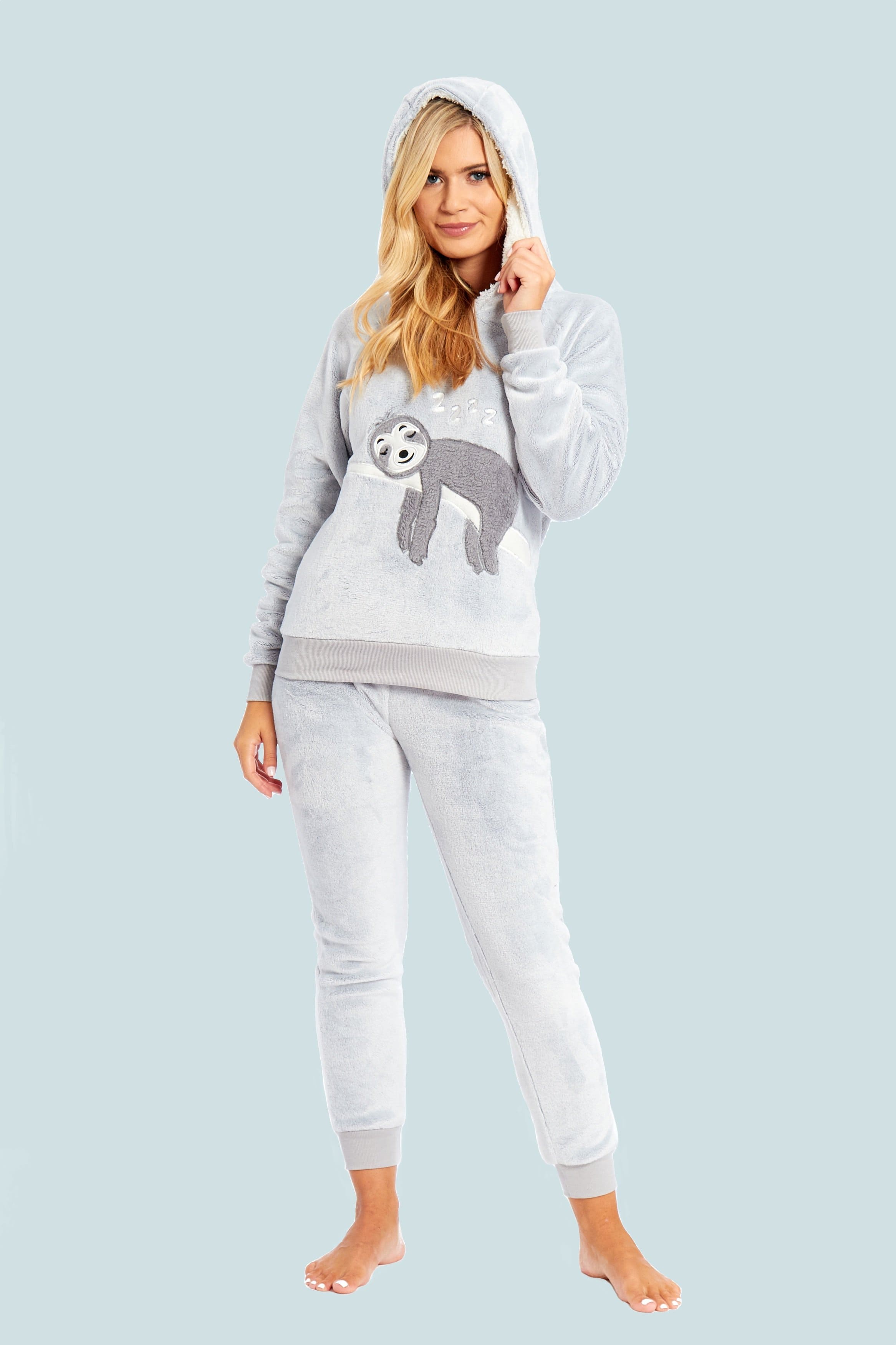 OLIVIA ROCCO Sloth Plush Fleece Hooded Pajama Set | Sherpa Lined Nightwear