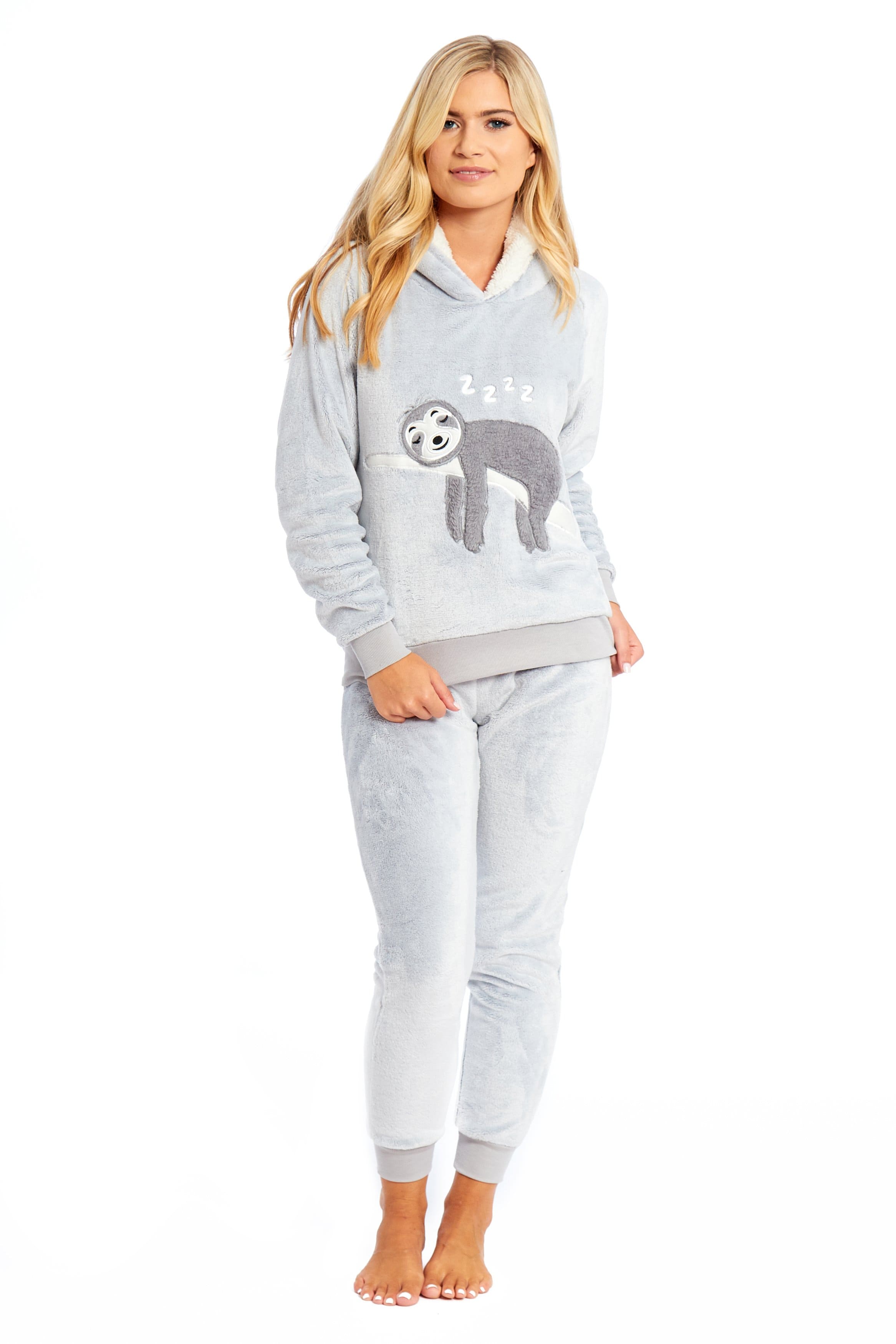 OLIVIA ROCCO Sloth Plush Fleece Hooded Pajama Set | Sherpa Lined Nightwear