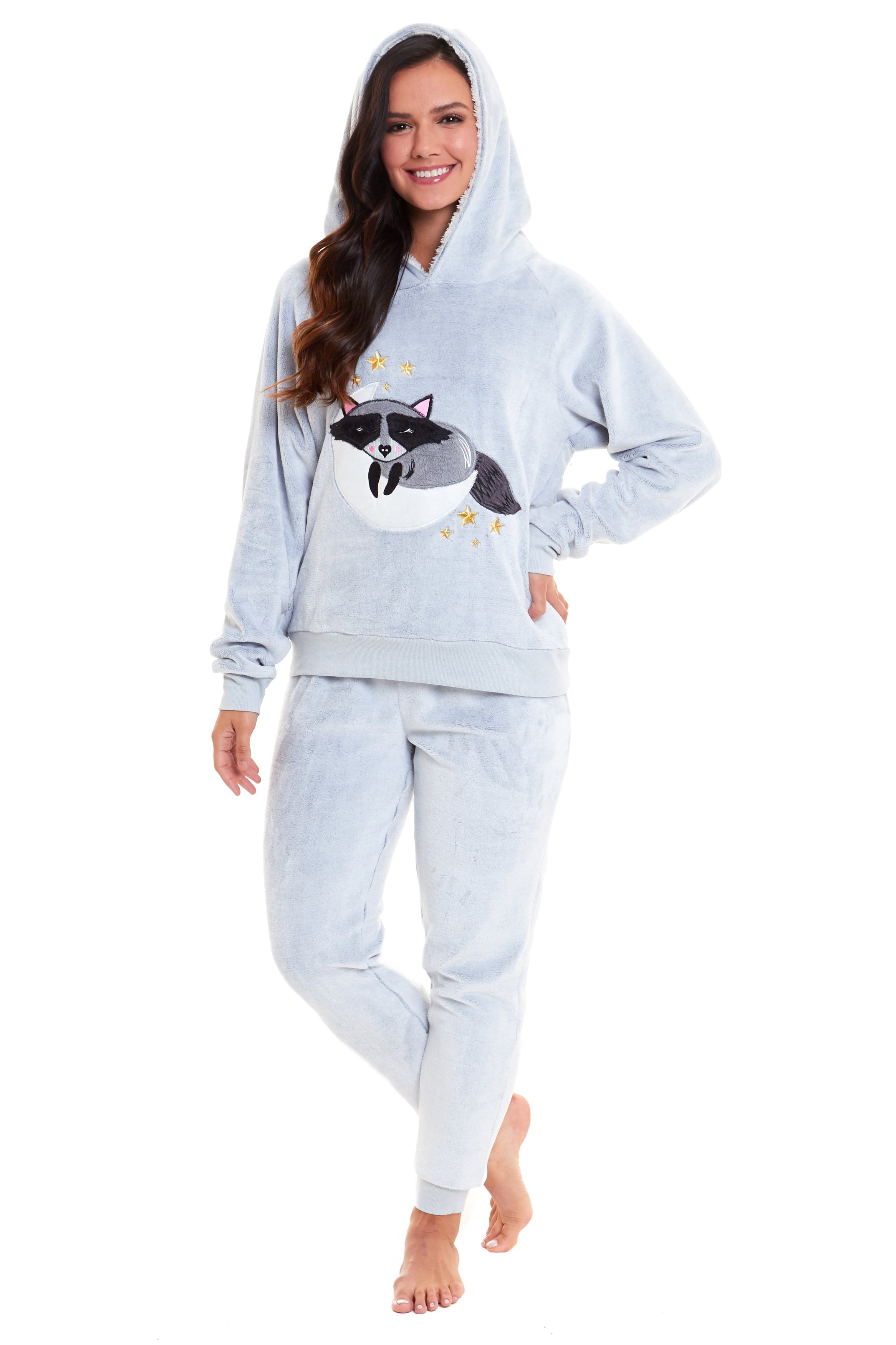 OLIVIA ROCCO Raccoon Fleece Pyjama Set – Sherpa Lined Matching Loungewear