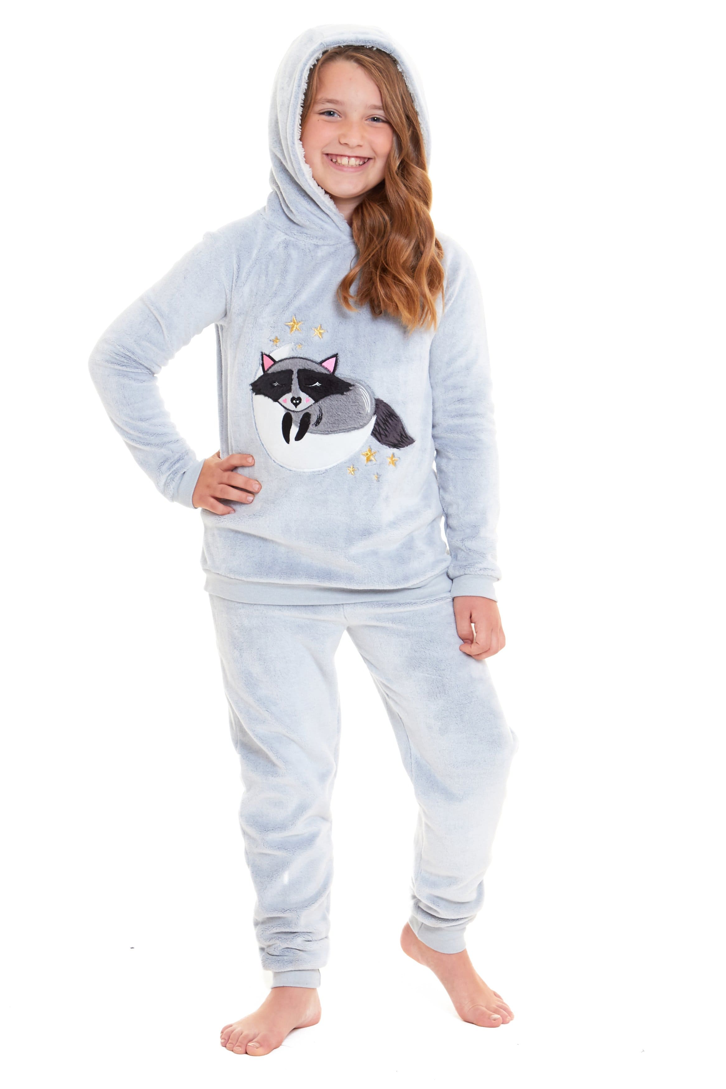 OLIVIA ROCCO Raccoon Fleece Pyjama Set – Sherpa Lined Matching Loungewear