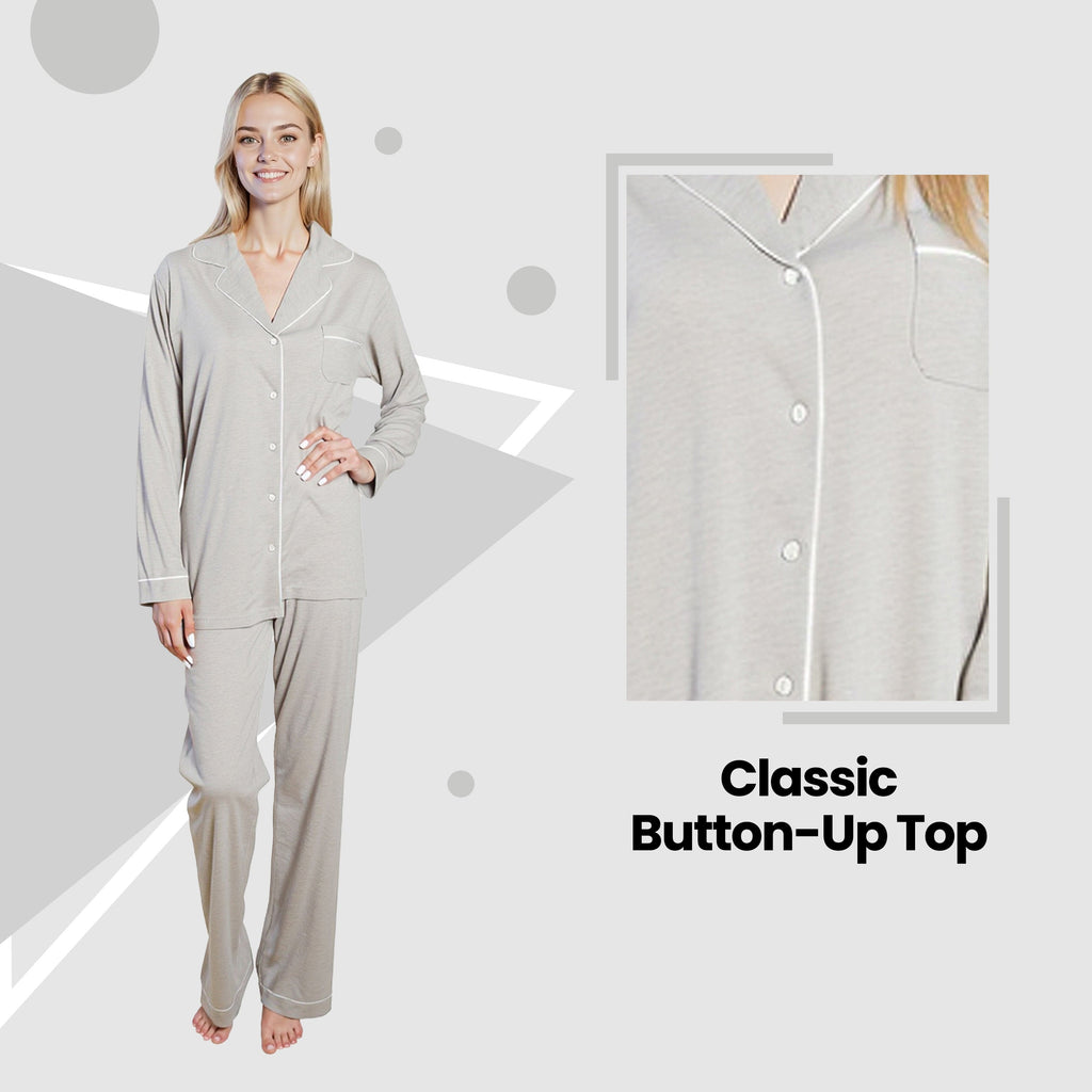 Daisy Dreamer Women's Grey Pyjama Set – Soft Touch Button Up Nightwear