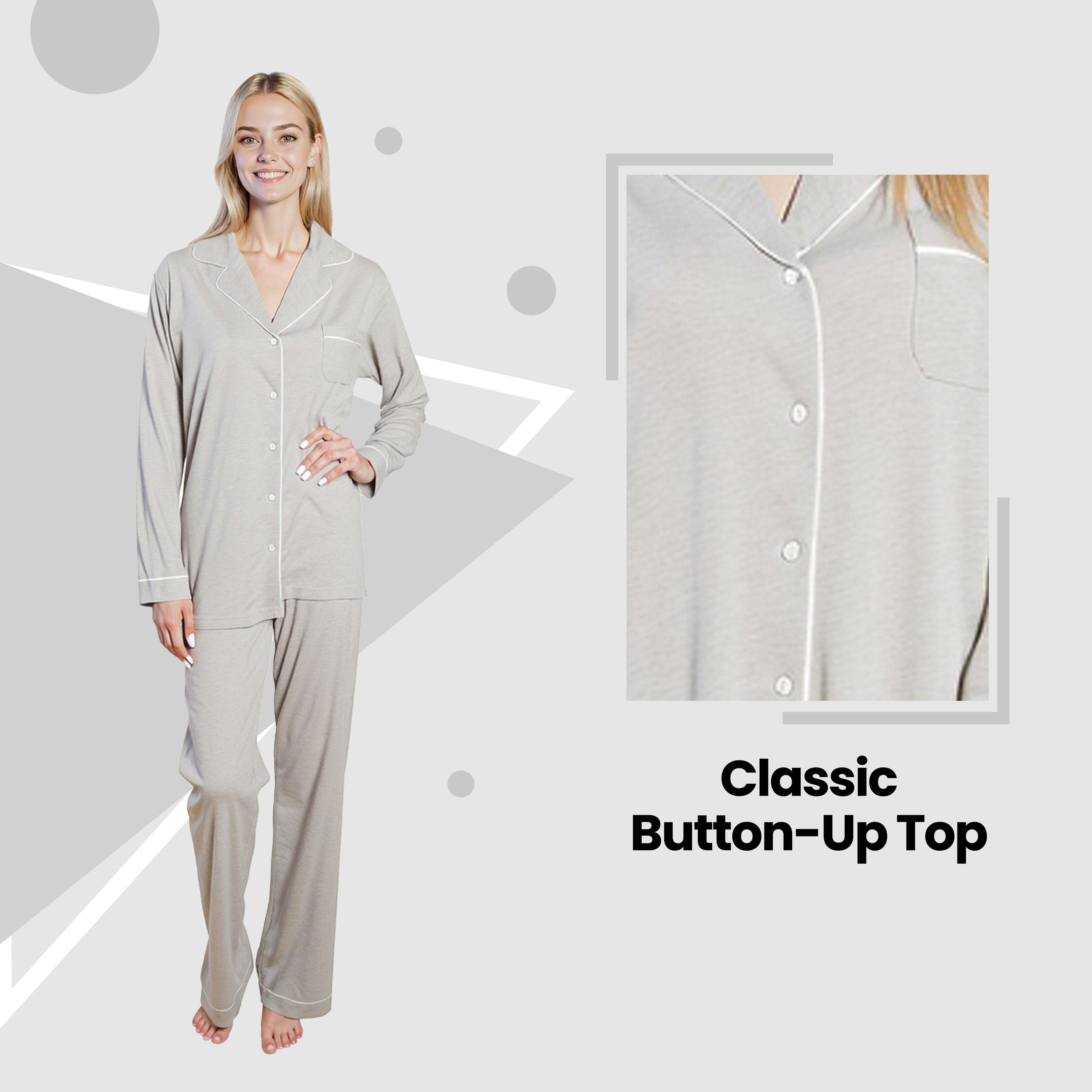 Daisy Dreamer Women's Grey Pyjama Set – Soft Touch Button Up Nightwear