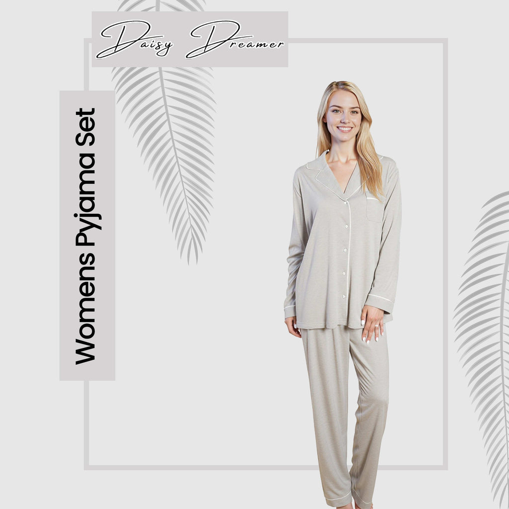 Daisy Dreamer Women's Grey Pyjama Set – Soft Touch Button Up Nightwear
