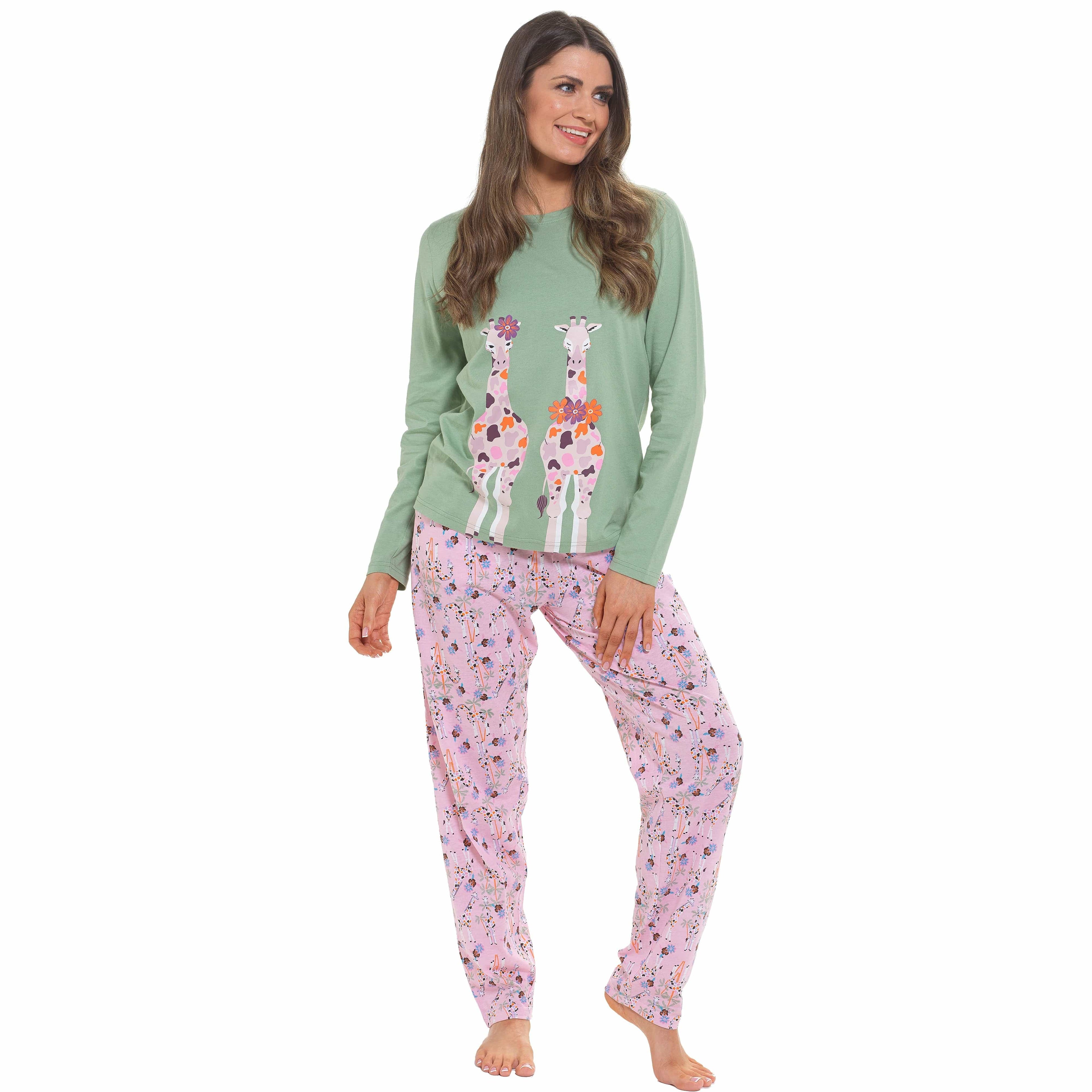 OLIVIA ROCCO Women's Giraffe Print Cotton Jersey Long Sleeve Pyjama Set