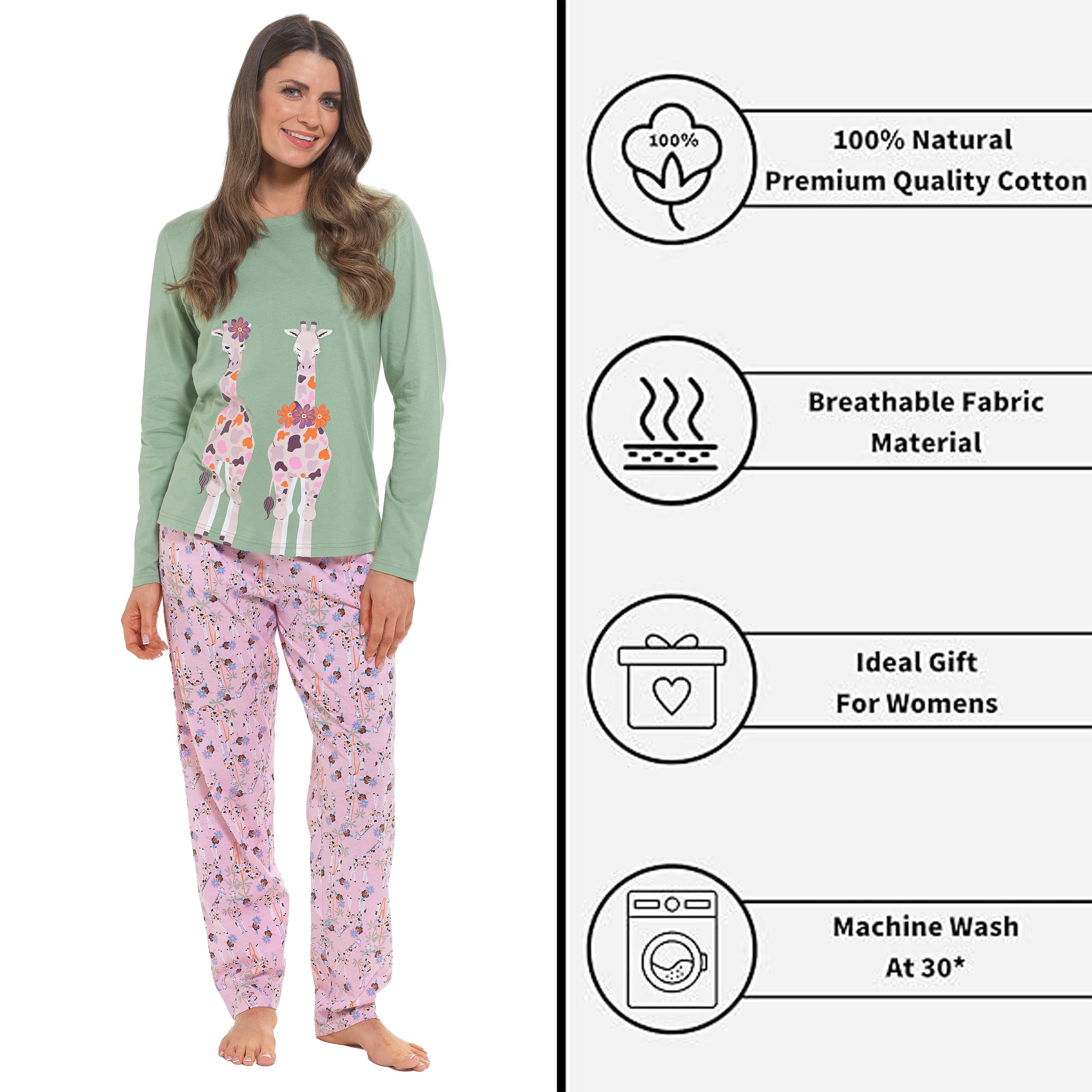 OLIVIA ROCCO Women's Giraffe Print Cotton Jersey Long Sleeve Pyjama Set