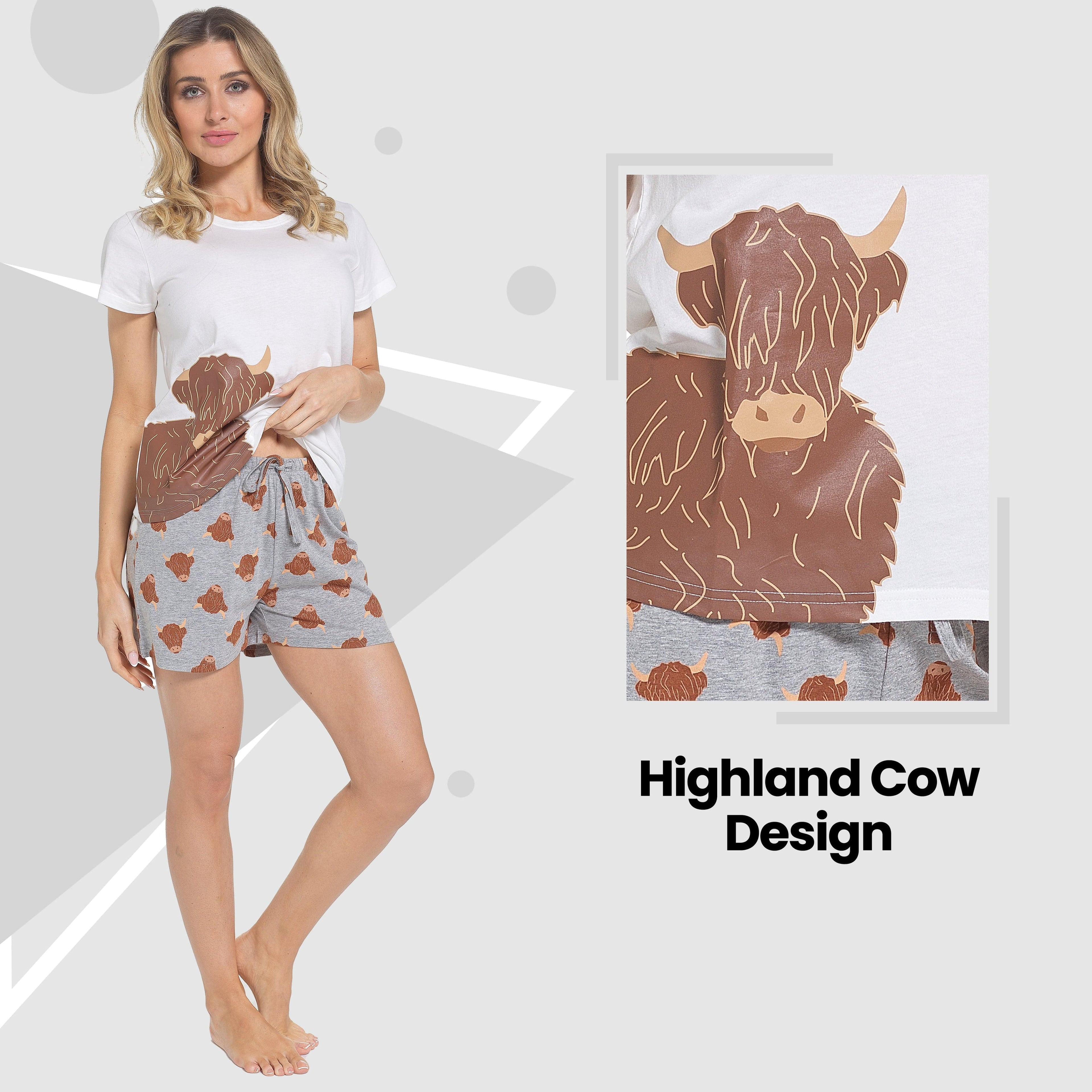 OLIVIA ROCCO Women's Highland Cow Pyjama Set – Soft Cotton Summer PJs