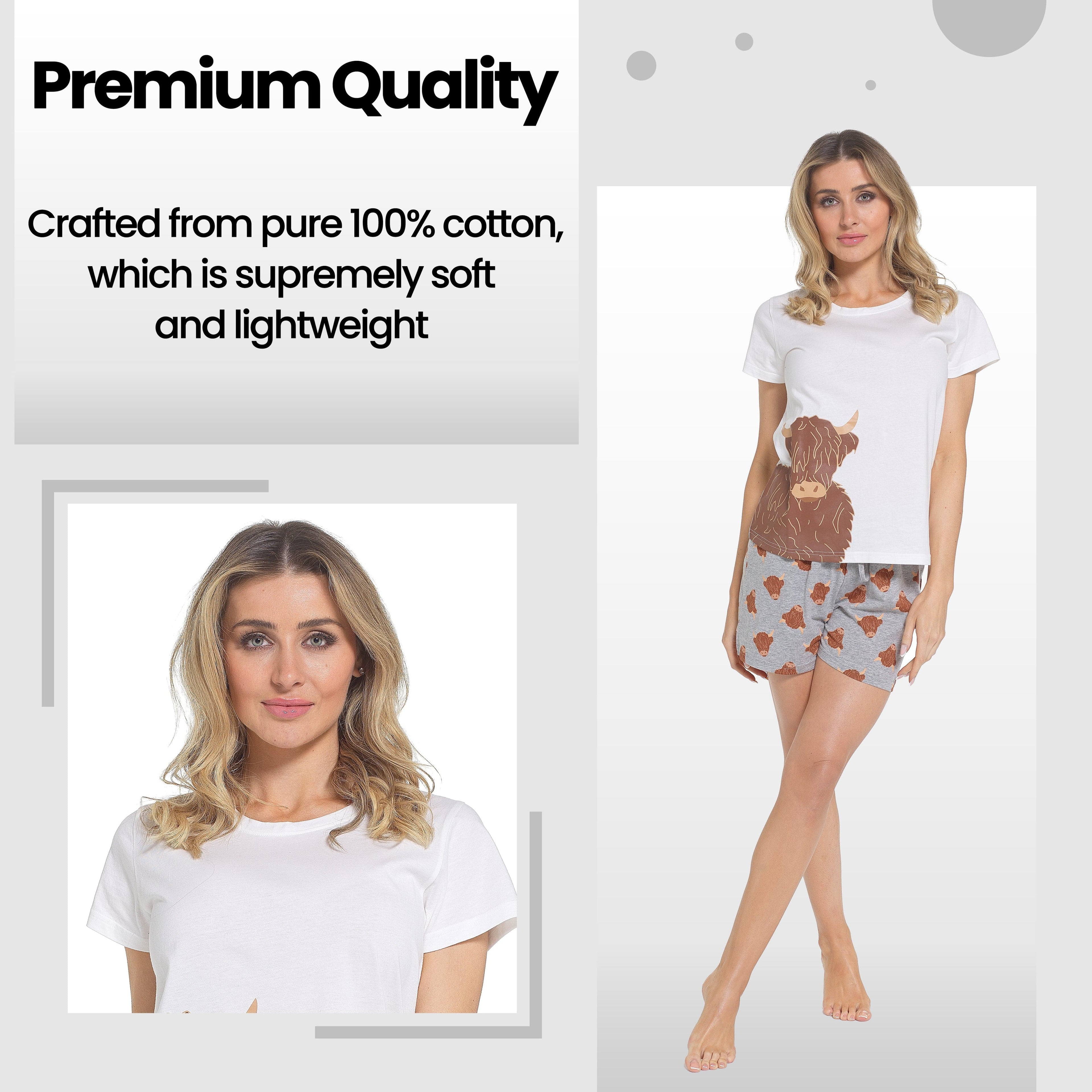 OLIVIA ROCCO Women's Highland Cow Pyjama Set – Soft Cotton Summer PJs