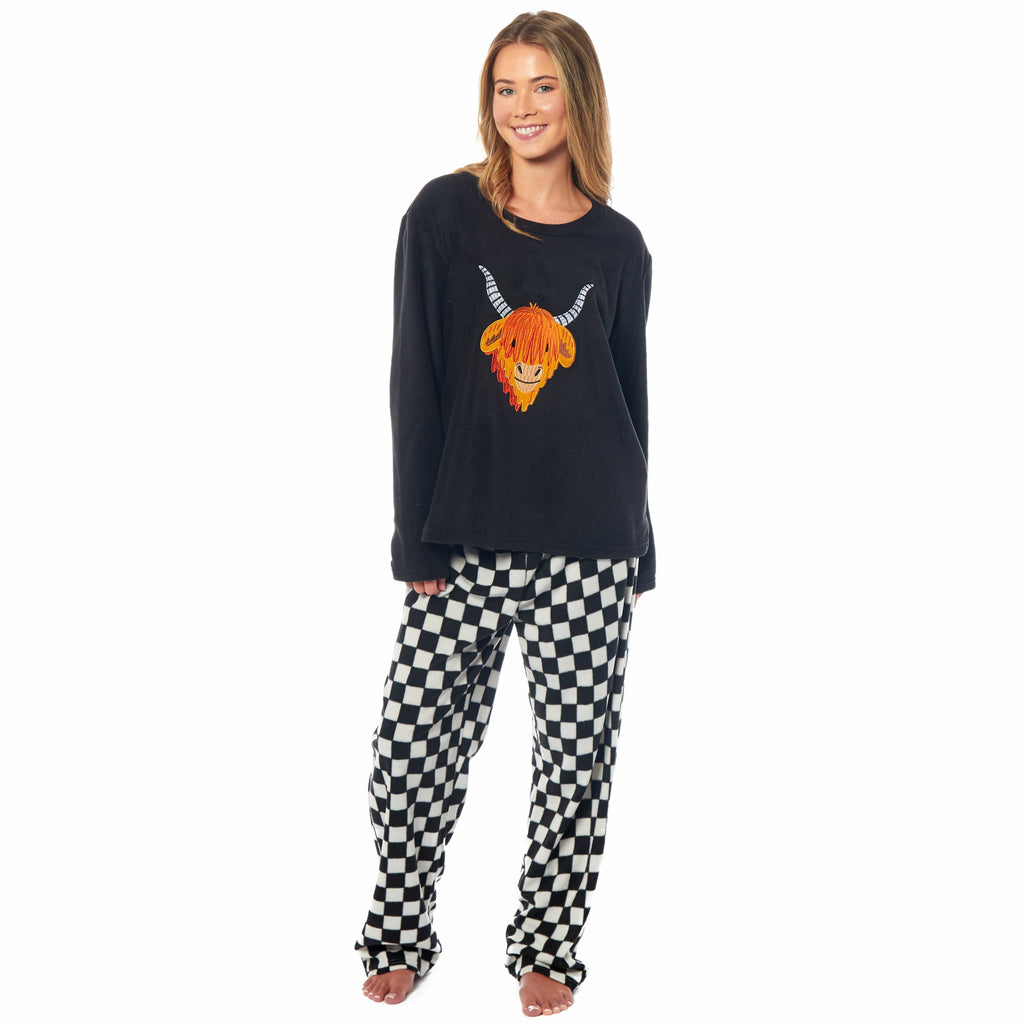 OLIVIA ROCCO Women's Thermal Fleece Pyjamas – Highland Cow Animal Print