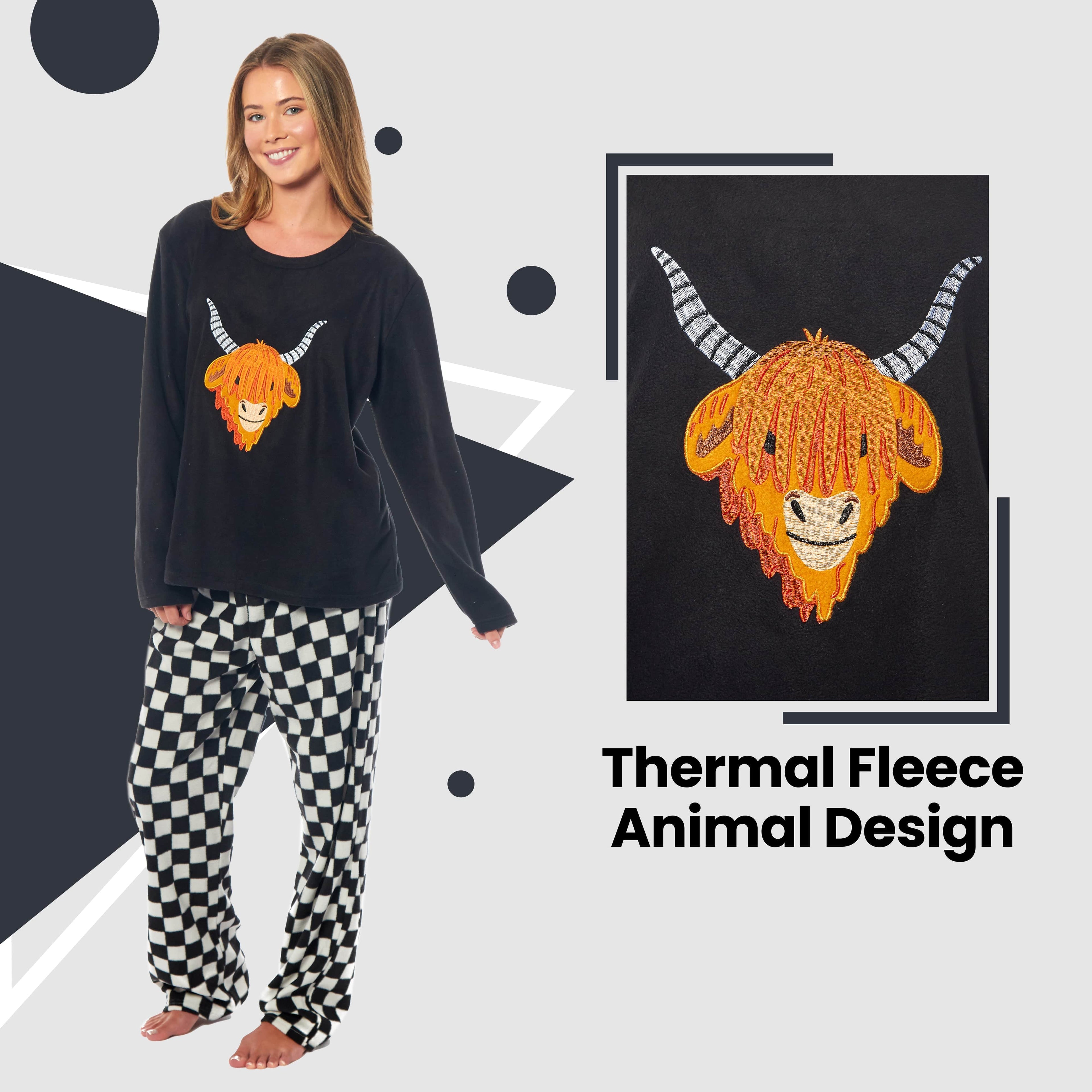 OLIVIA ROCCO Women's Thermal Fleece Pyjamas – Highland Cow Animal Print
