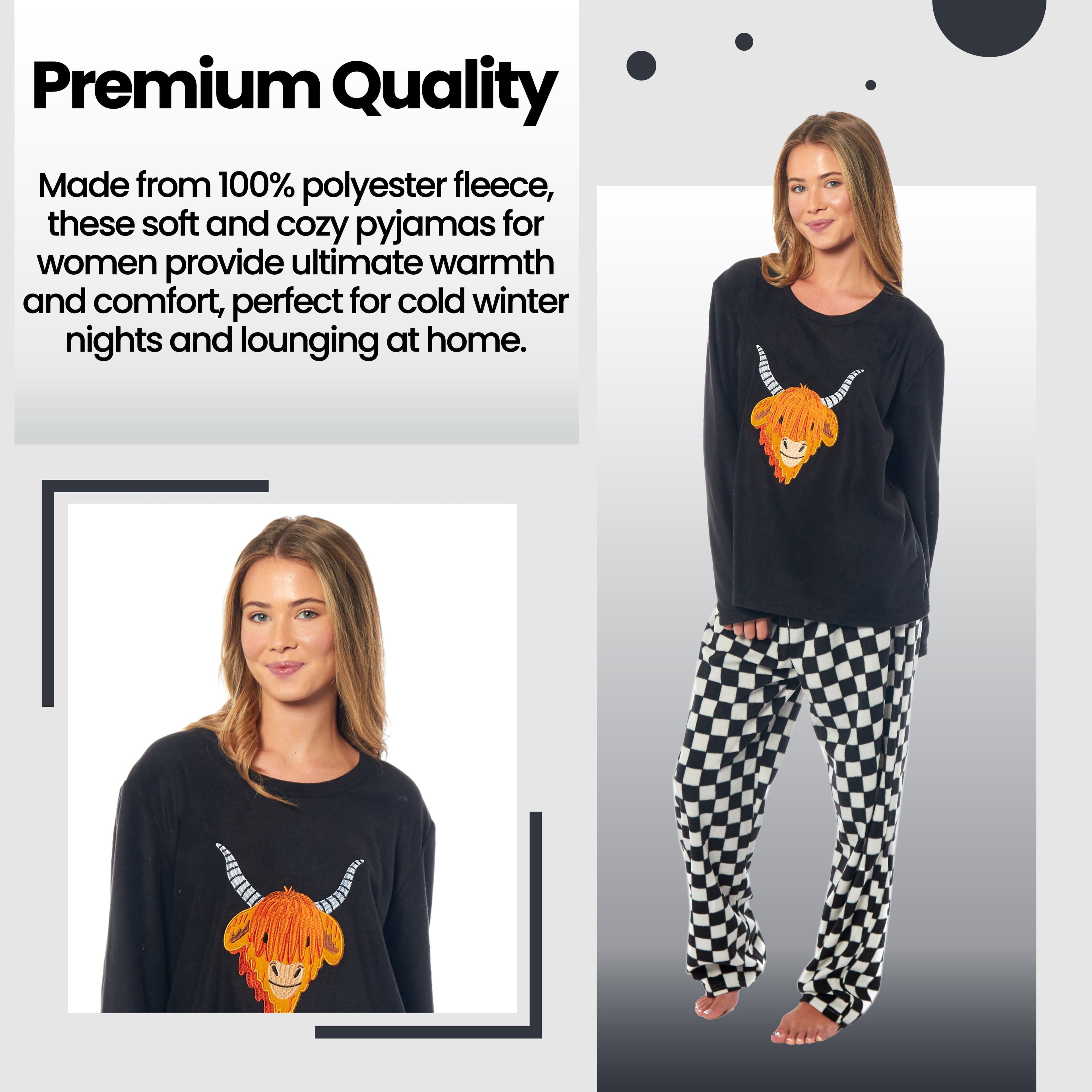 OLIVIA ROCCO Women's Thermal Fleece Pyjamas – Highland Cow Animal Print