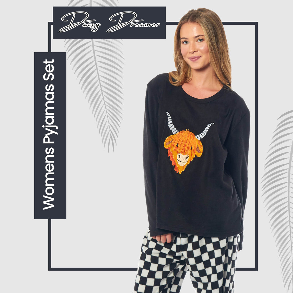 OLIVIA ROCCO Women's Thermal Fleece Pyjamas – Highland Cow Animal Print