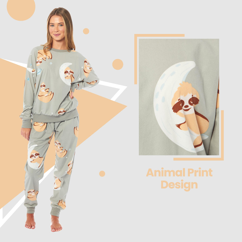 Daisy Dreamer Women's Fleece Pyjama Set | Sloth Animal Print Sleepwear