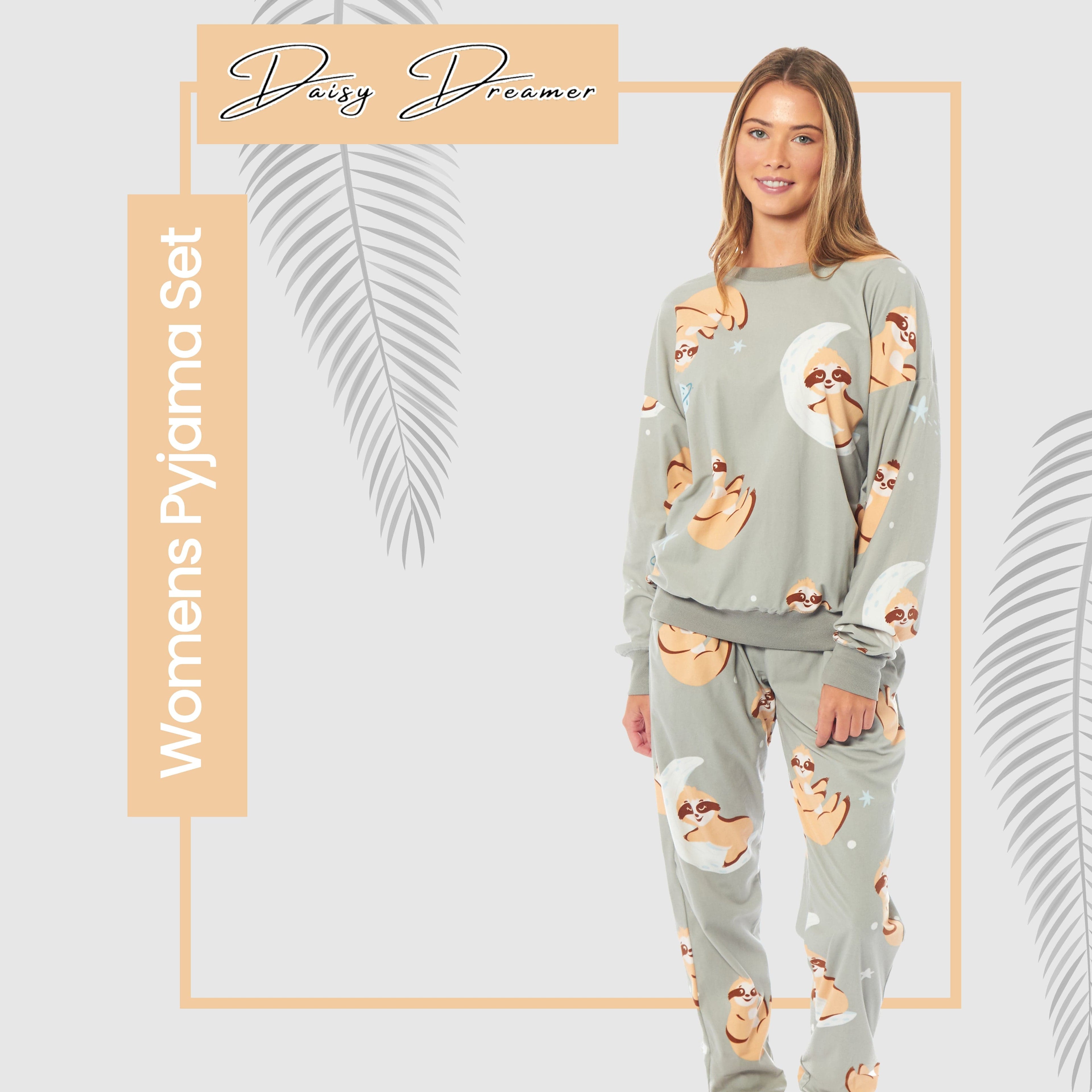 Daisy Dreamer Women's Fleece Pyjama Set | Sloth Animal Print Sleepwear