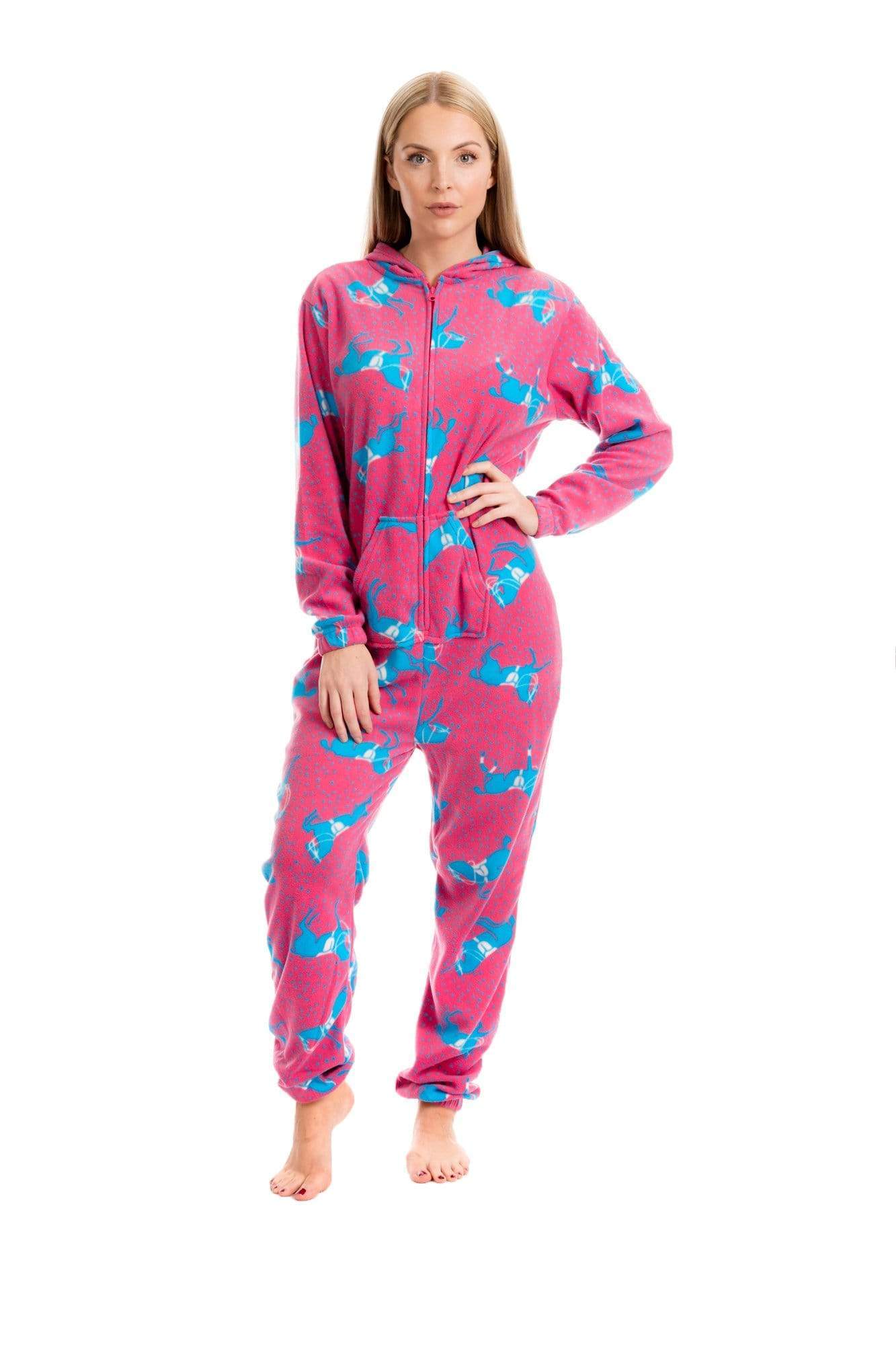 OLIVIA ROCCO Women's Pink Horse Print Fleece Hooded Onesie Pyjamas