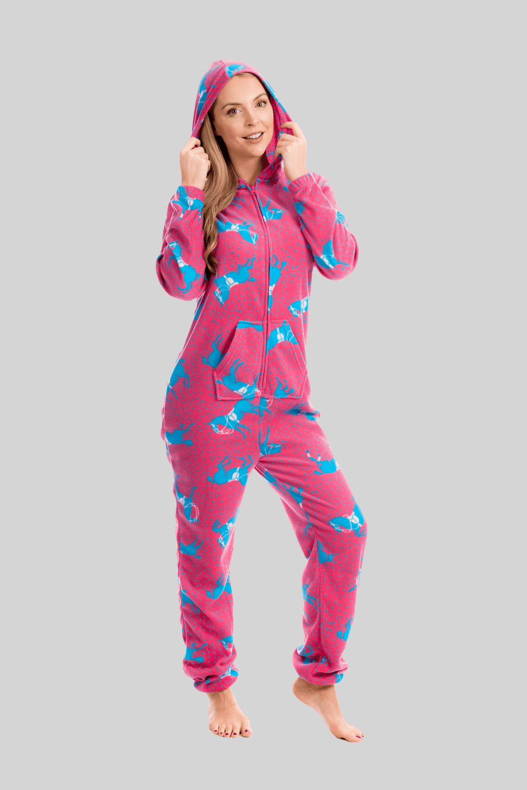 OLIVIA ROCCO Women's Pink Horse Print Fleece Hooded Onesie Pyjamas
