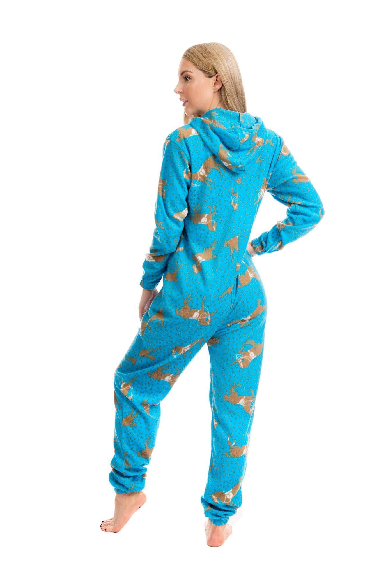 OLIVIA ROCCO Women's Blue Horse Print Fleece Hooded Onesie Pyjama Set