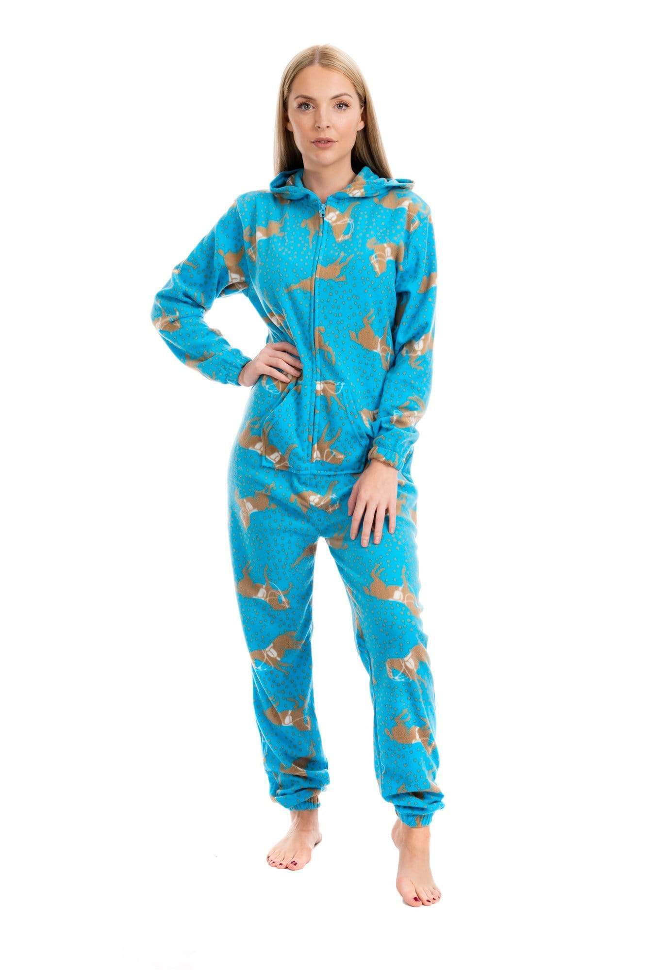 OLIVIA ROCCO Women's Blue Horse Print Fleece Hooded Onesie Pyjama Set