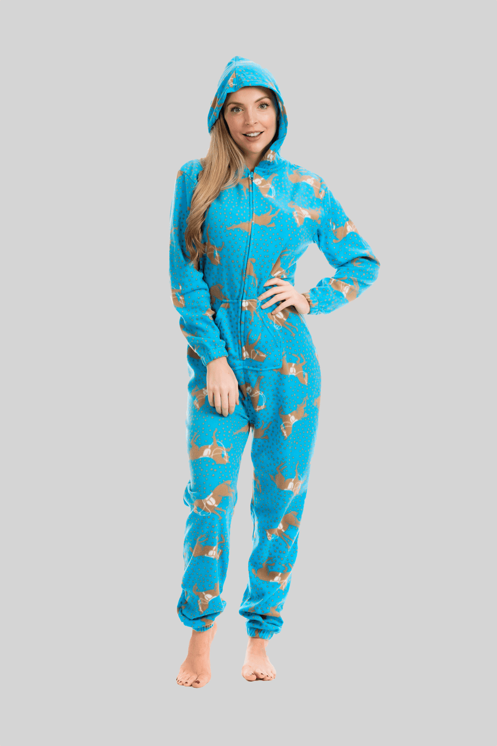 OLIVIA ROCCO Women's Blue Horse Print Fleece Hooded Onesie Pyjama Set
