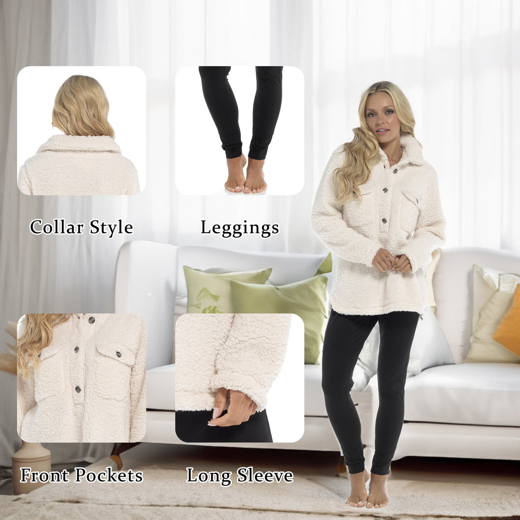 OLIVIA ROCCO Women's Sherpa Loungewear Set – Soft Top and Leggings PJs