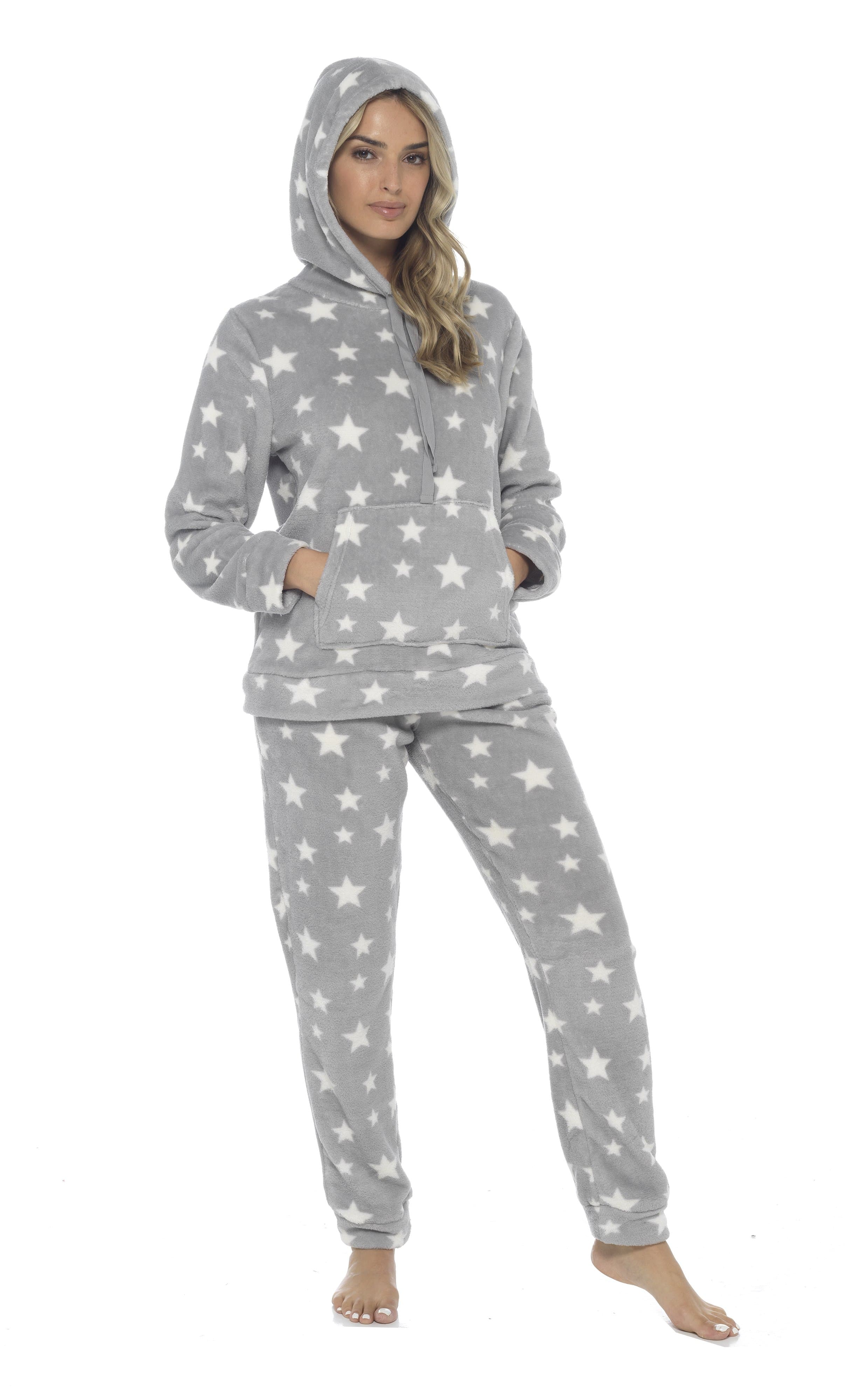 OLIVIA ROCCO Women's Stars Plush Fleece Hooded Pyjama Set – Soft Loungewear